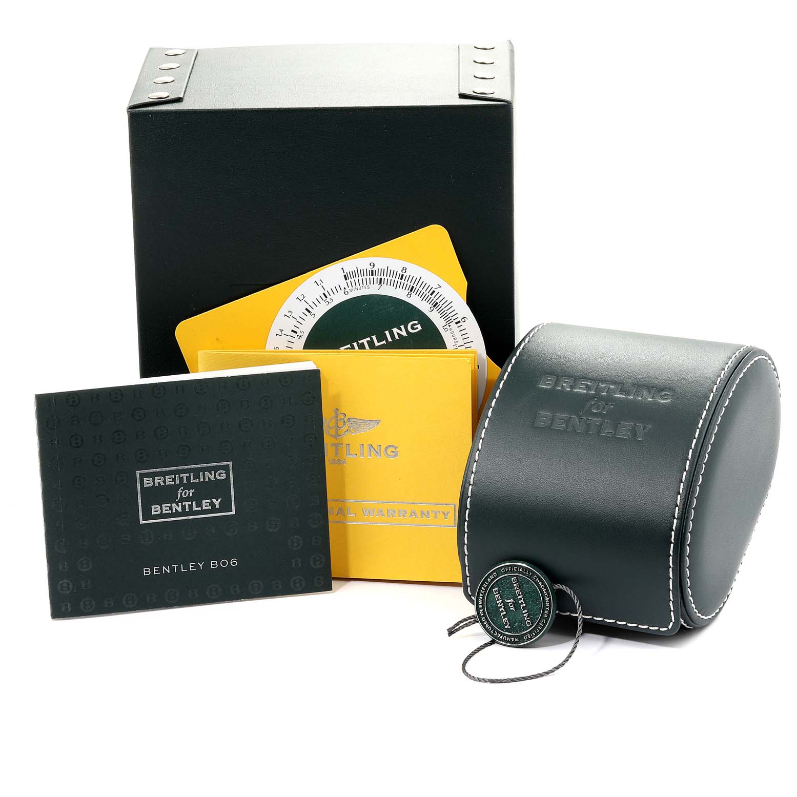 The image shows the packaging and accessories for a Breitling Bentley AB061221/BD93 Men's Stainless Steel Black Dial AB061221/BD93 Men's Stainless Steel Black Dial watch, including a box, manuals, and a leather case.