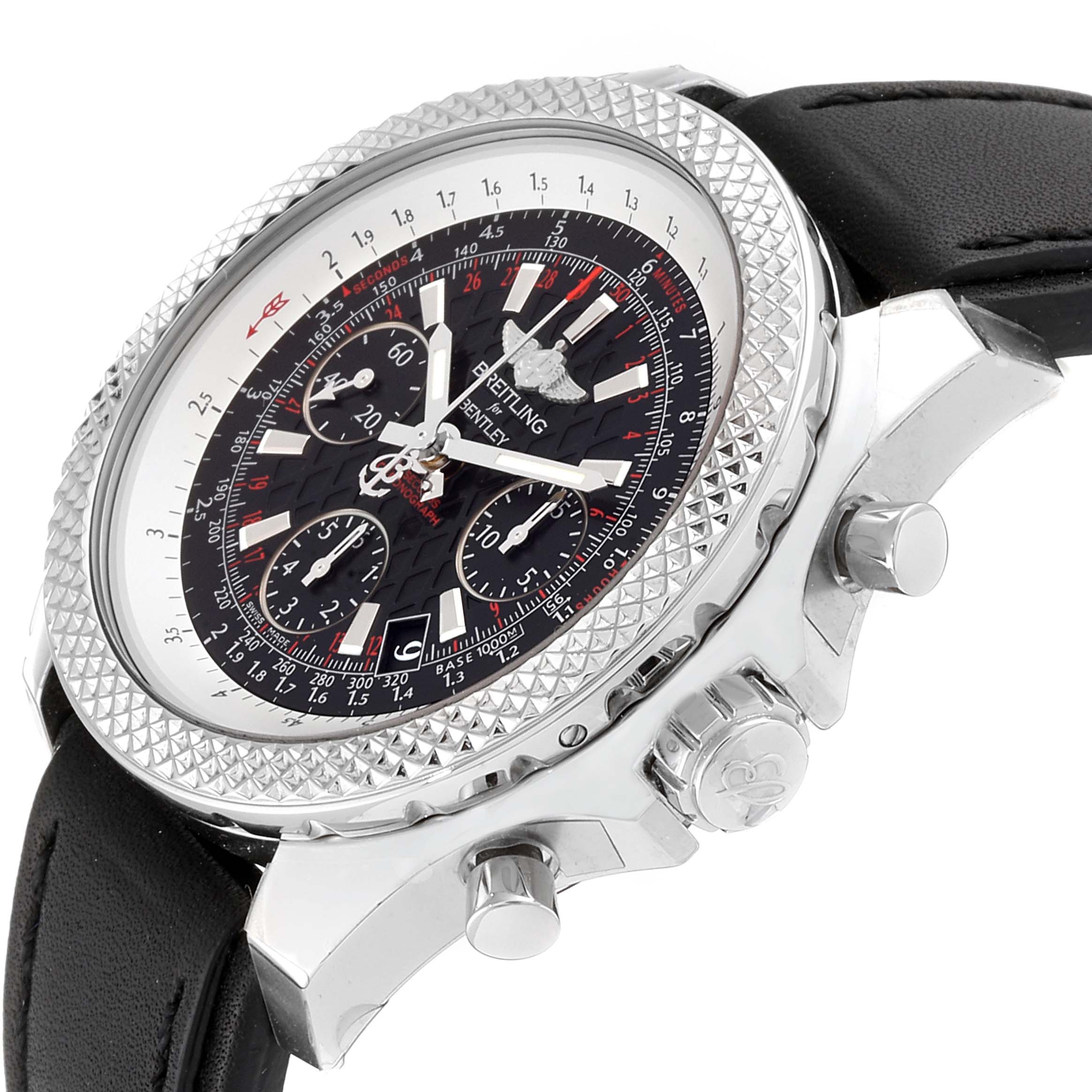 This image shows a side angle of the Breitling Bentley AB061221/BD93 Men's Stainless Steel Black Dial AB061221/BD93 Men's Stainless Steel Black Dial watch, highlighting its crowned bezel, chronograph dials, and black leather strap.
