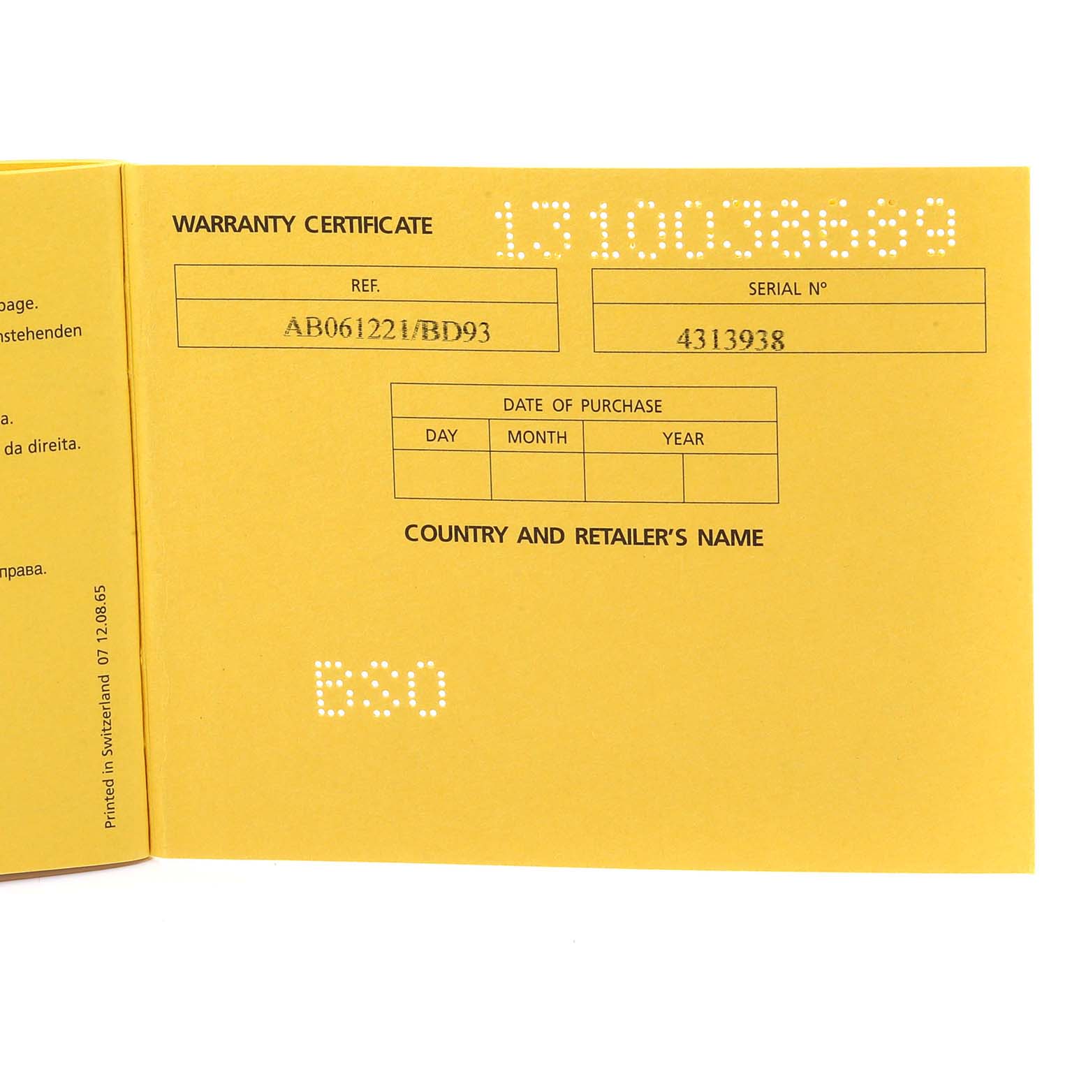 This image shows the warranty certificate of the Bentley model by Breitling, including reference and serial numbers.