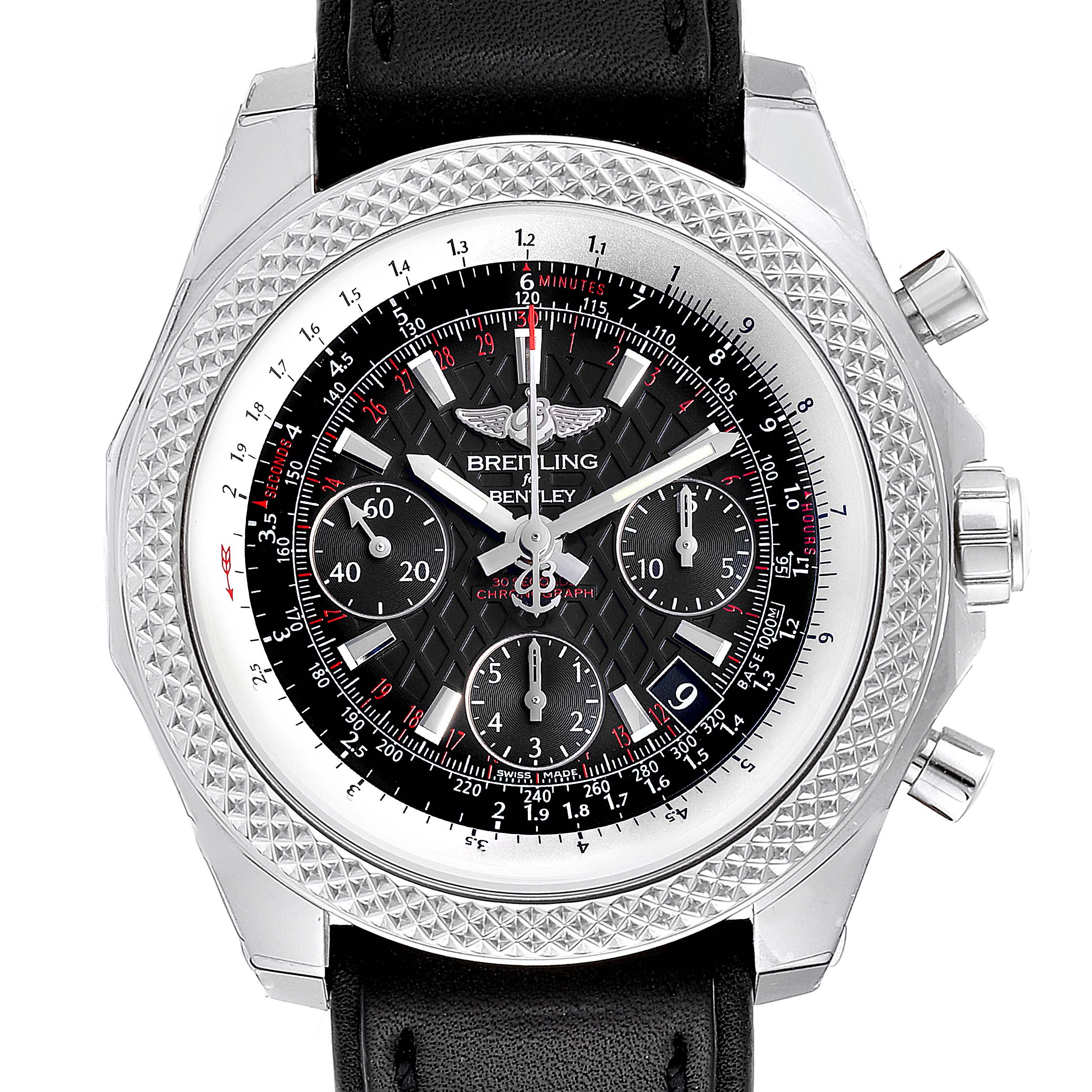 The image shows a frontal view of a Breitling Bentley AB061221/BD93 Men's Stainless Steel Black Dial AB061221/BD93 Men's Stainless Steel Black Dial watch, highlighting its dial, bezel, and chronograph subdials.