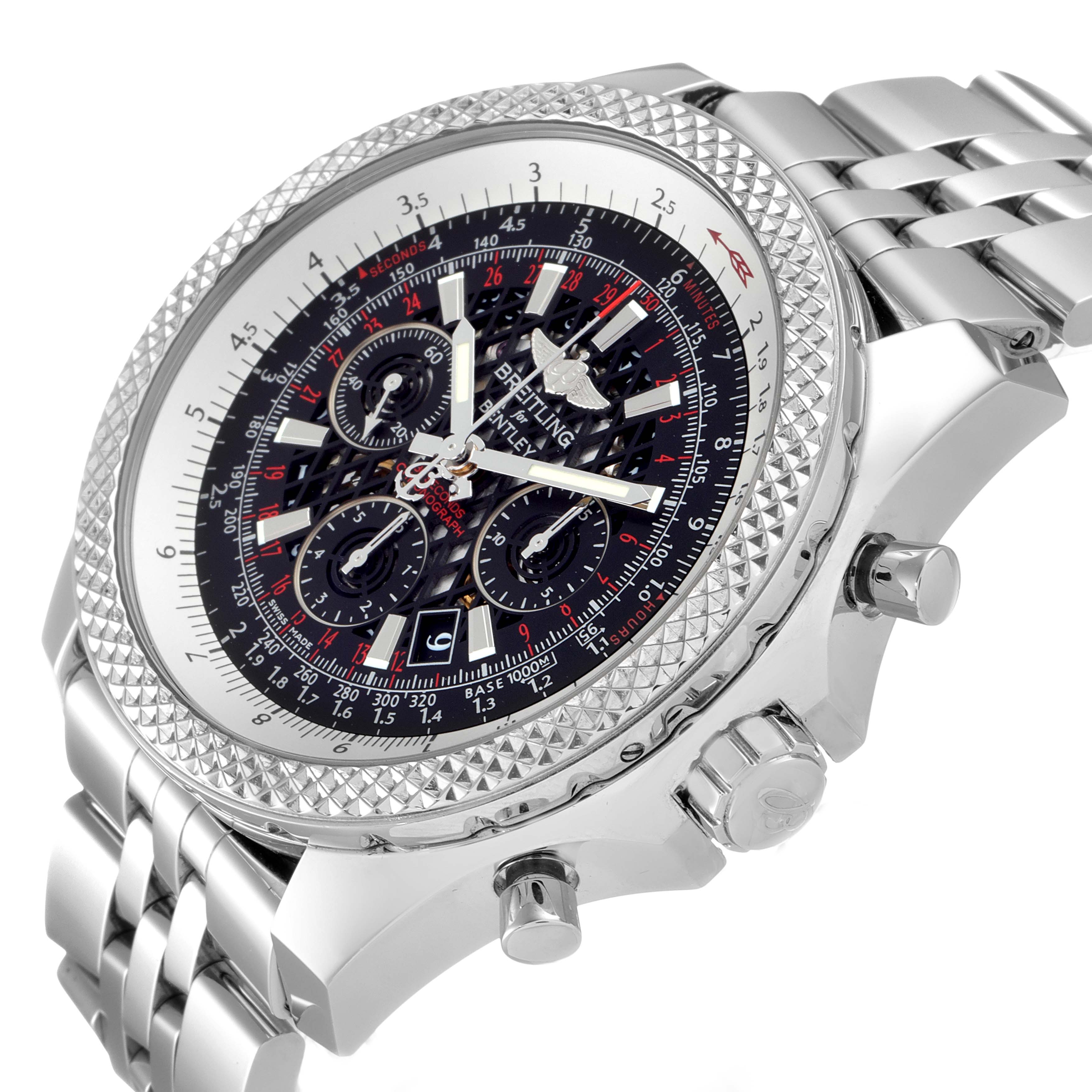 The Breitling Bentley AB061112.BD80.990A Men's Stainless Steel Black Dial AB061112.BD80.990A Men's Stainless Steel Black Dial watch is shown at an angled close-up, highlighting the face, bezel, and part of the bracelet.