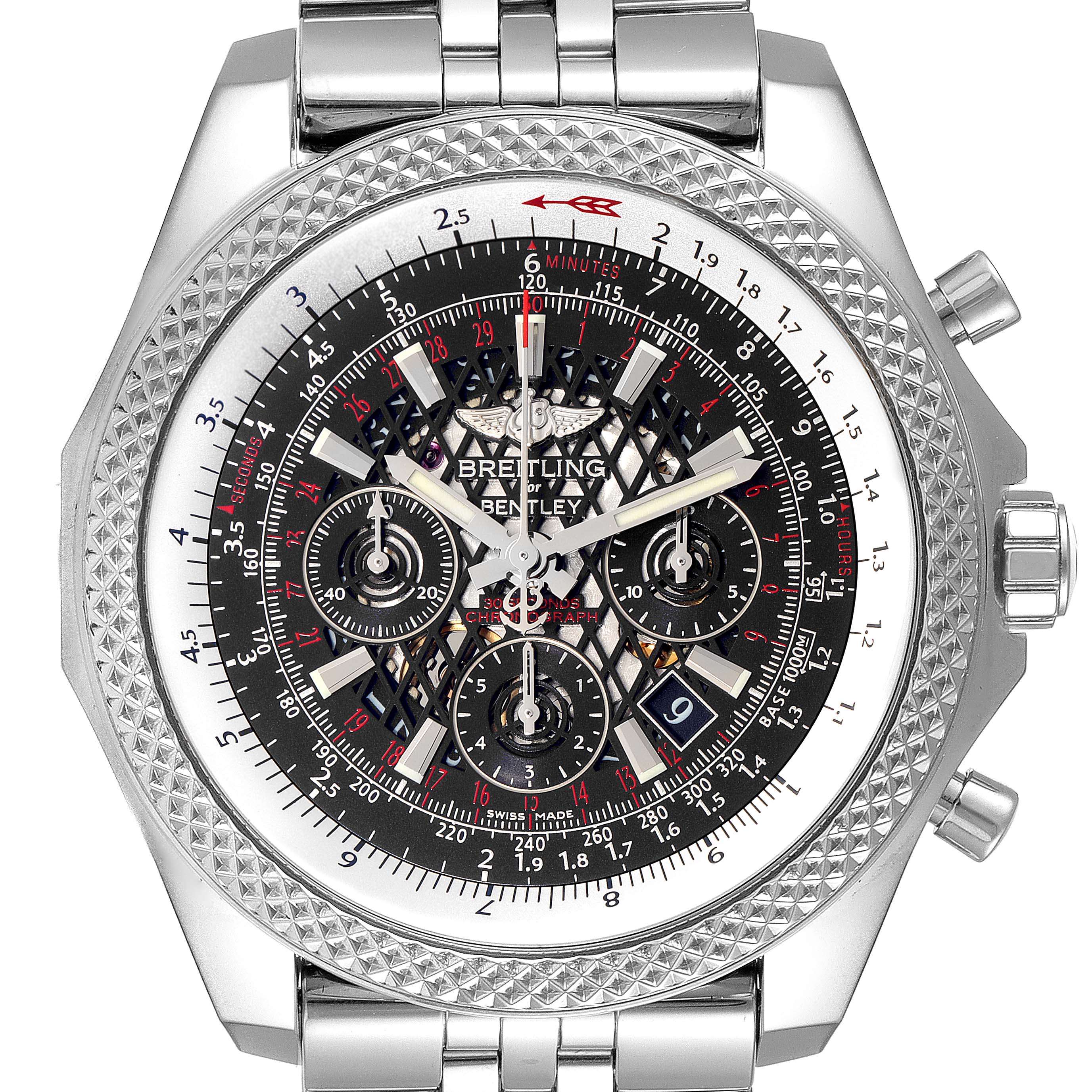 The Bentley model by Breitling is shown from a front angle, highlighting the intricate dial and chronograph functions.