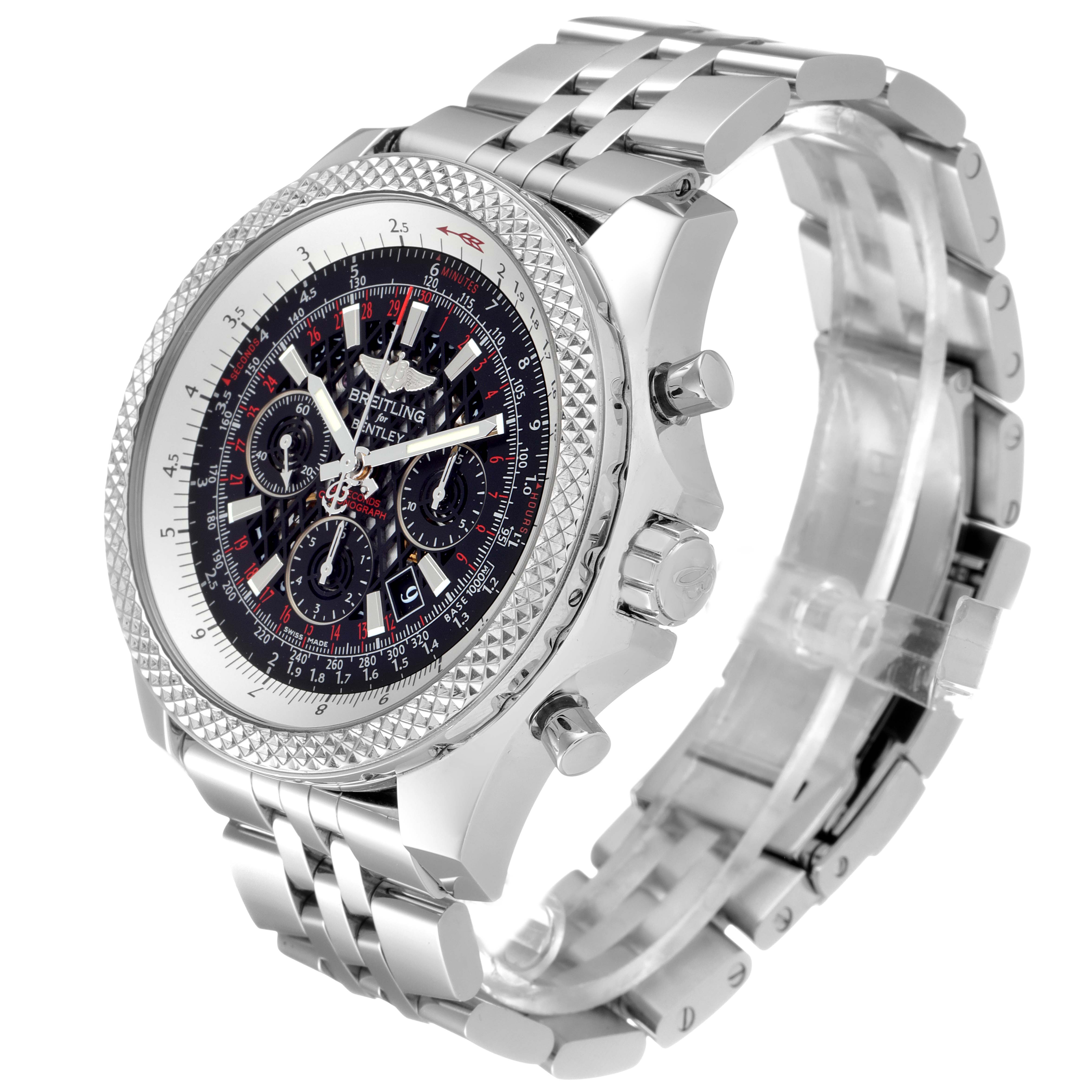 The image shows a side-angle view of a Breitling Bentley AB061112.BD80.990A Men's Stainless Steel Black Dial AB061112.BD80.990A Men's Stainless Steel Black Dial watch, highlighting the dial, bezel, and stainless steel bracelet.