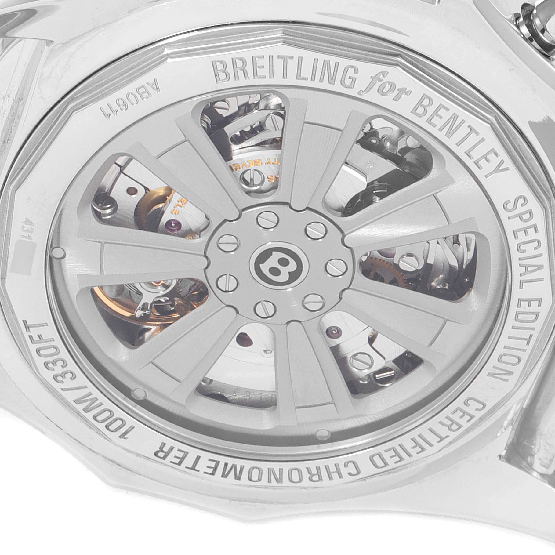 This image shows the back of a Breitling Bentley AB061112.BD80.990A Men's Stainless Steel Black Dial AB061112.BD80.990A Men's Stainless Steel Black Dial watch, highlighting the movement mechanism and branding details.