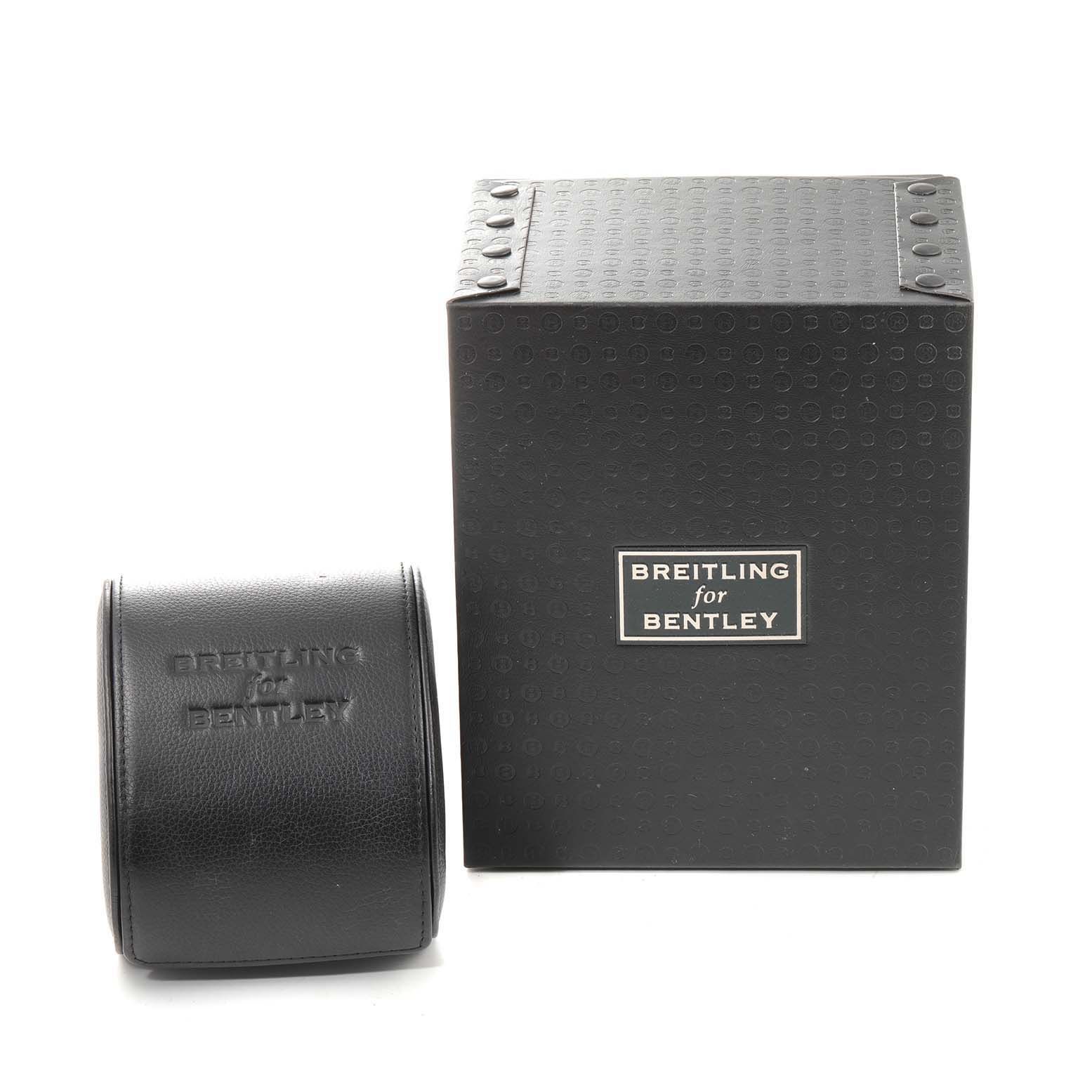 The image shows the box and leather carrying case for the Breitling Bentley AB061112.BD80.990A Men's Stainless Steel Black Dial AB061112.BD80.990A Men's Stainless Steel Black Dial model watch.