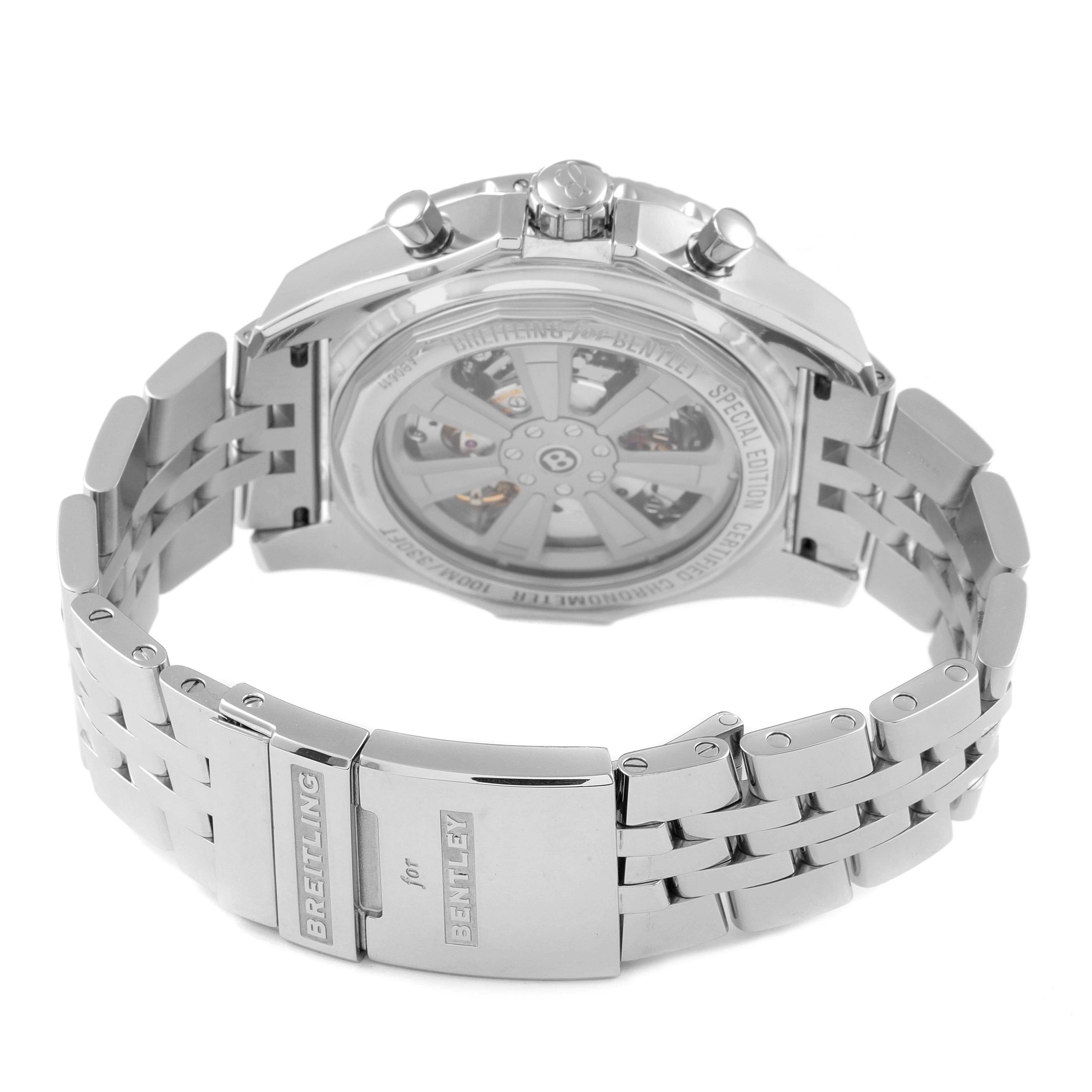 The image shows the back view of the Bentley model by Breitling, highlighting its clasp, bracelet, and transparent case back.