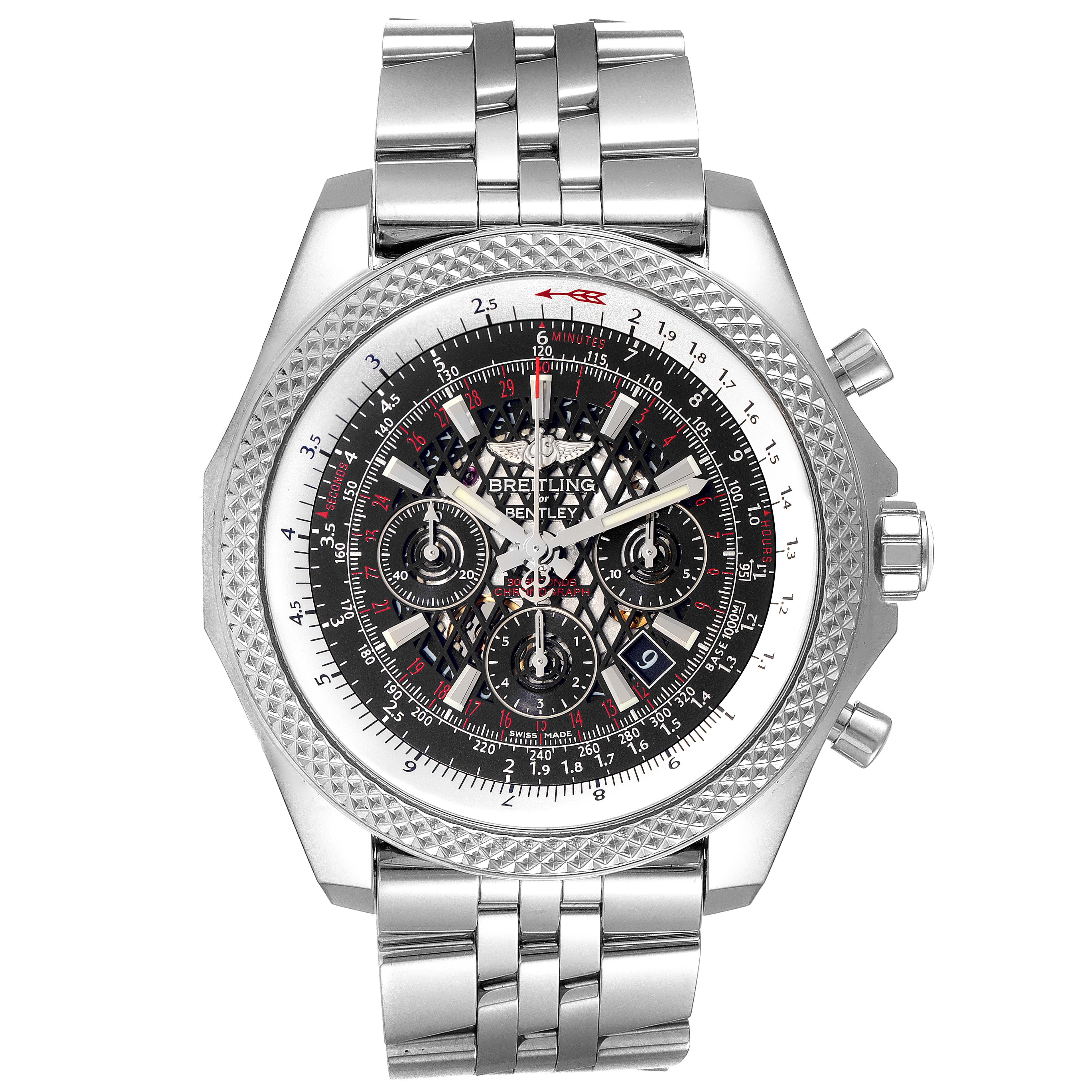 The Breitling Bentley AB061112.BD80.990A Men's Stainless Steel Black Dial AB061112.BD80.990A Men's Stainless Steel Black Dial watch is shown from a top-down angle, displaying the face, bezel, crown, pushers, and bracelet.