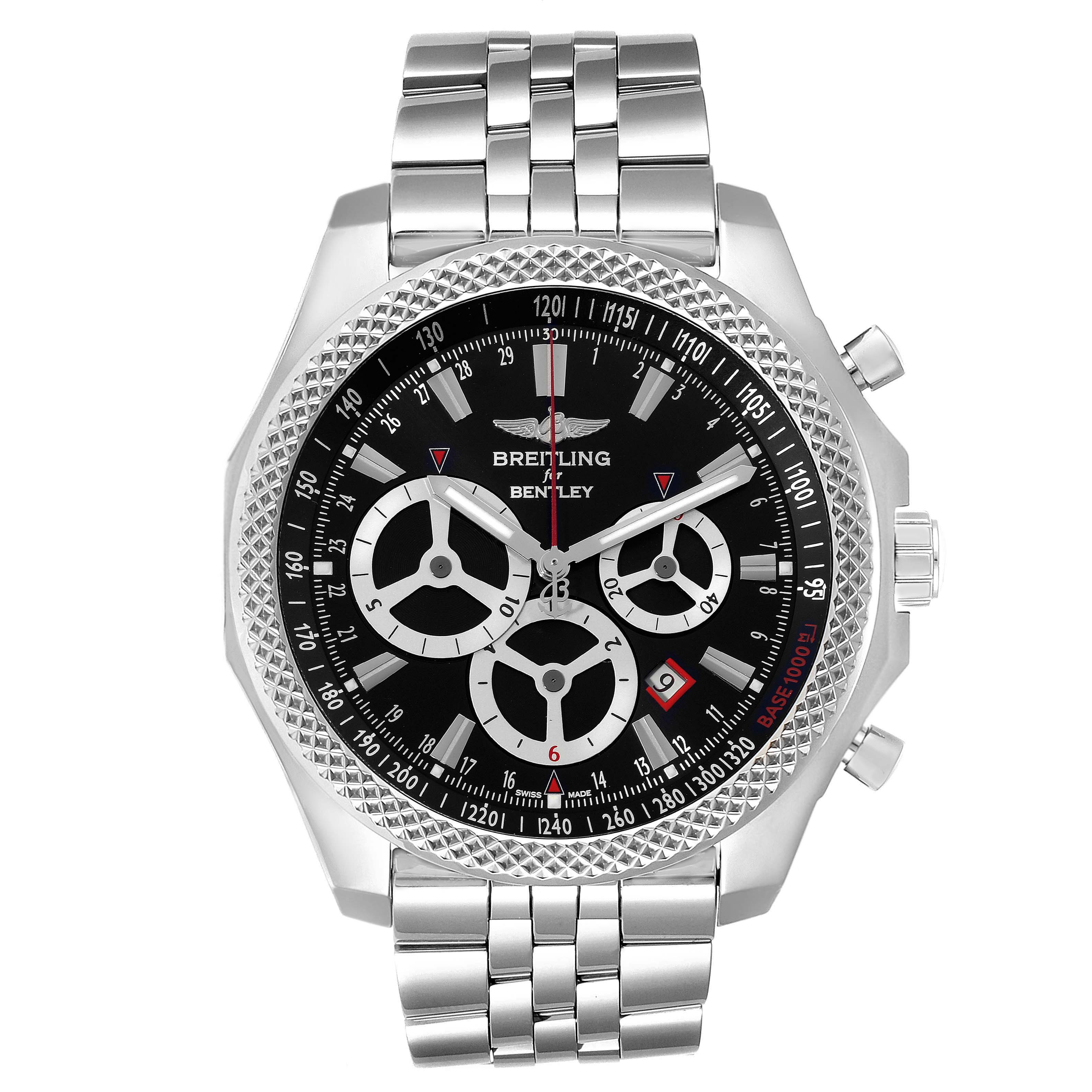 The image shows a front-facing view of the Bentley model watch by Breitling, highlighting the dial, bezel, and bracelet.