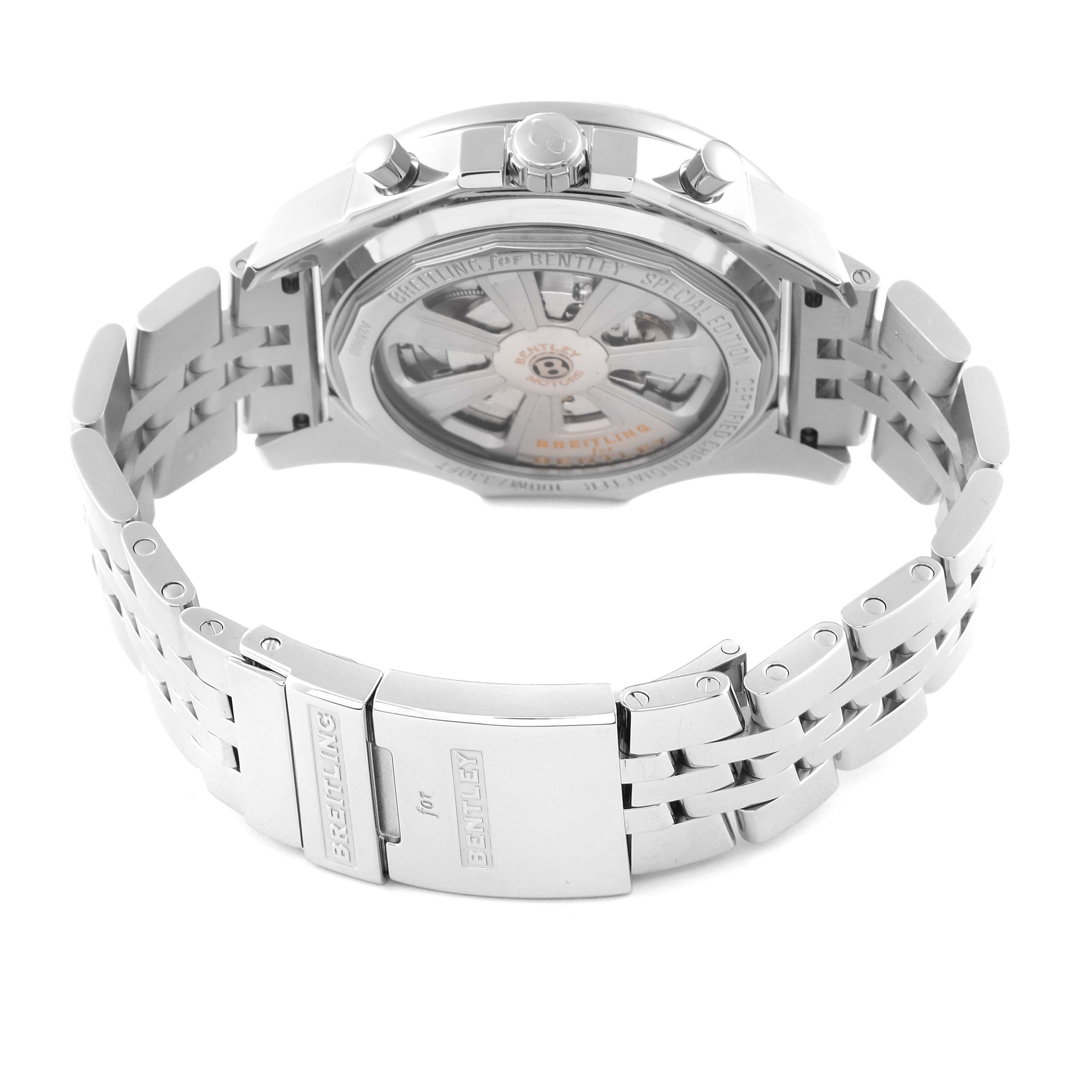 The image shows the back view of the Breitling Bentley A25366 Men's Stainless Steel Black Dial A25366 Men's Stainless Steel Black Dial model watch, highlighting its clasp and partially open metal bracelet.