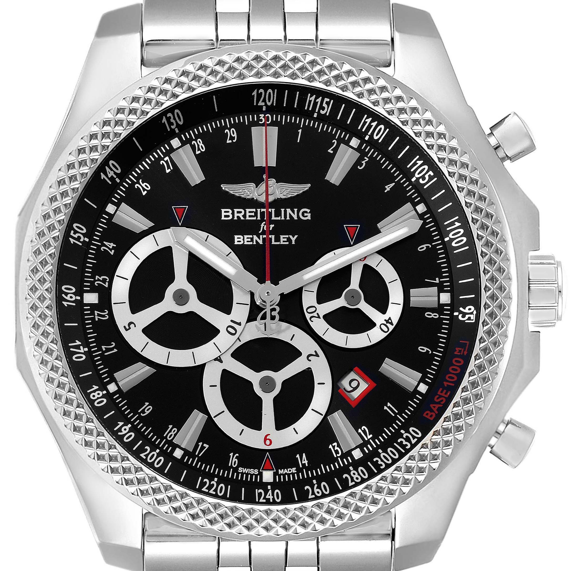 The image shows a front view of the Breitling Bentley A25366 Men's Stainless Steel Black Dial A25366 Men's Stainless Steel Black Dial watch, displaying its dial, bezel, and part of the strap.