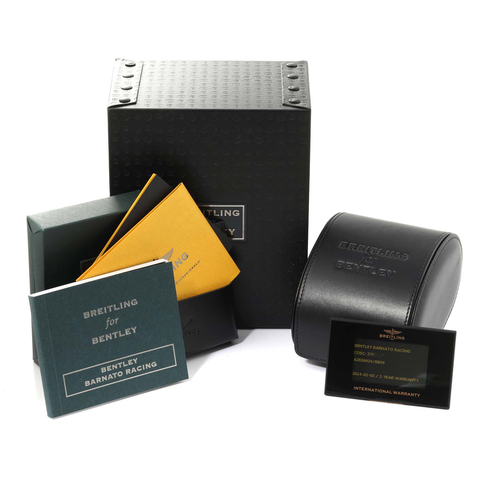 The image shows the packaging and accessories for the Bentley model by Breitling, including a box, manuals, a case, and a warranty card.