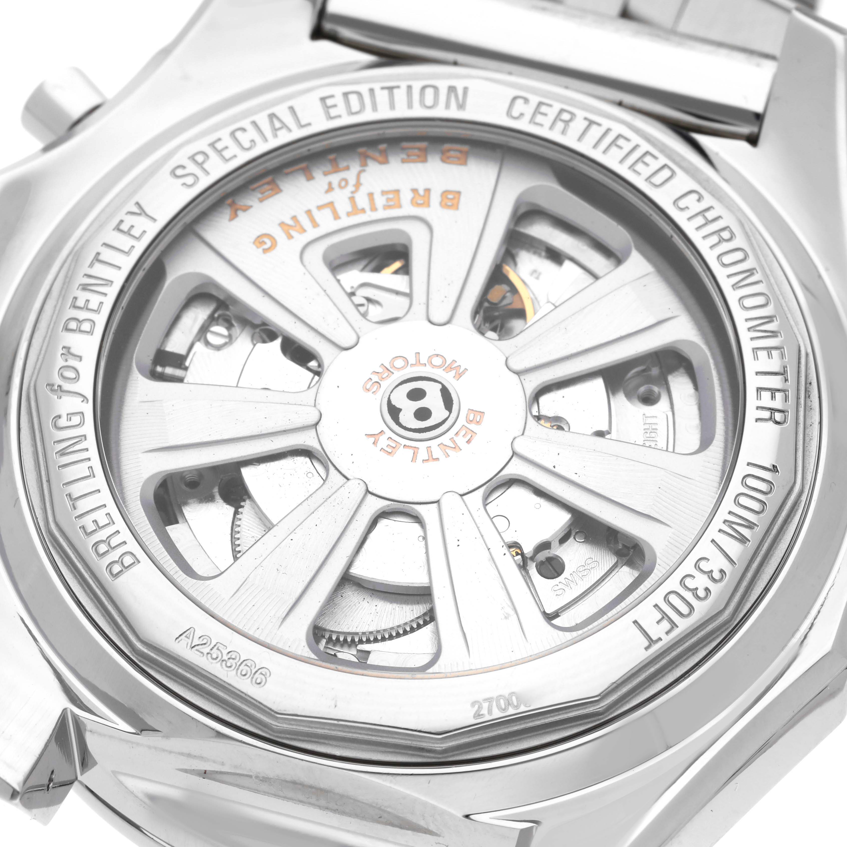 The image shows the back case of a Bentley model watch by Breitling, highlighting its internal mechanism and special edition engraving.