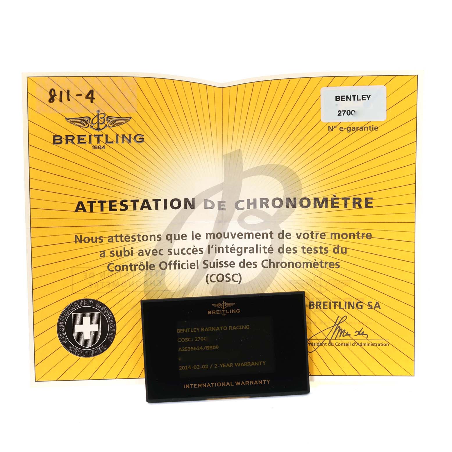 The image shows a Breitling Bentley A25366 Men's Stainless Steel Black Dial A25366 Men's Stainless Steel Black Dial model watch's certificate of authentication and an international warranty card.