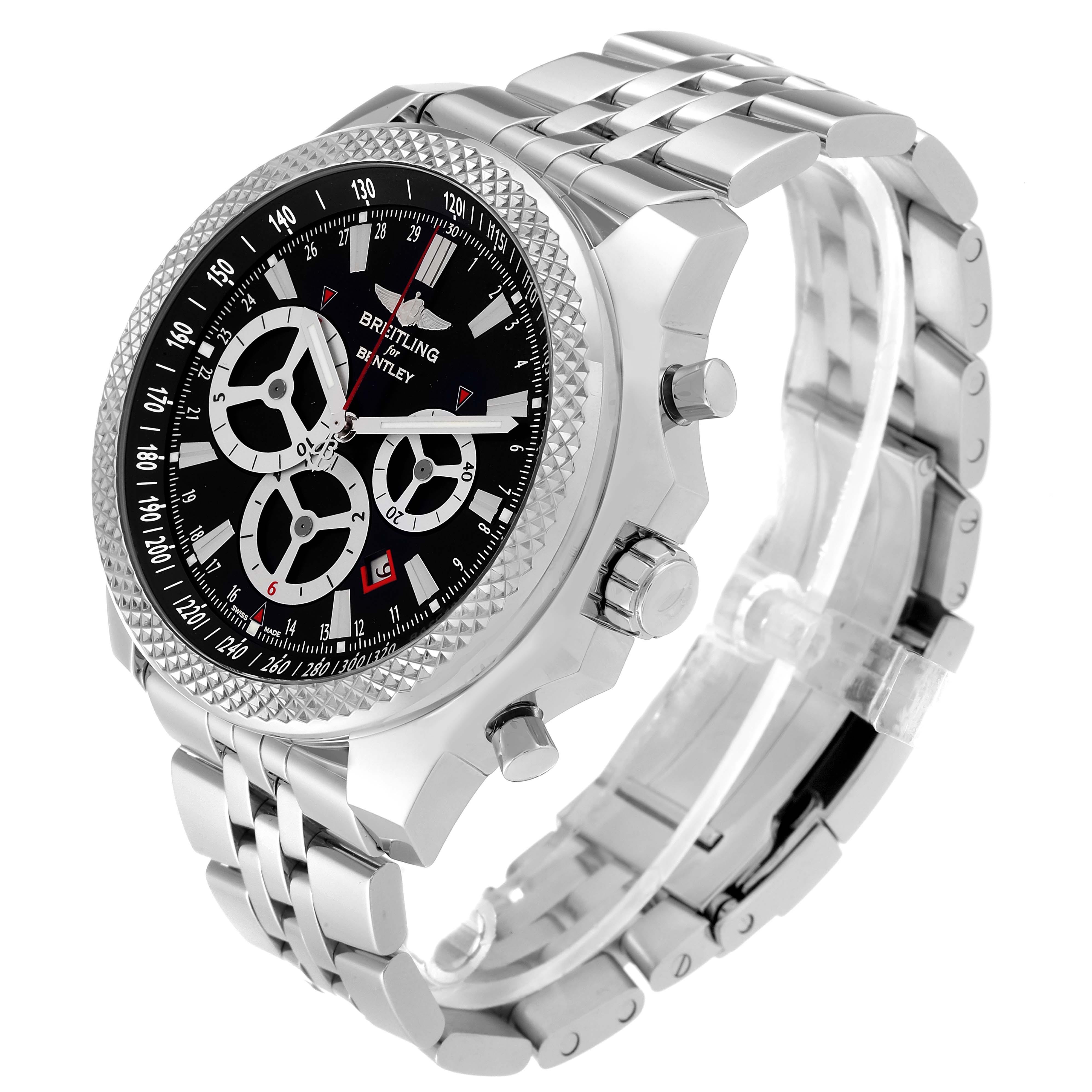 The Bentley model Breitling watch is shown at an angled view, displaying the face, bezel, crown, pushers, and the metal bracelet.