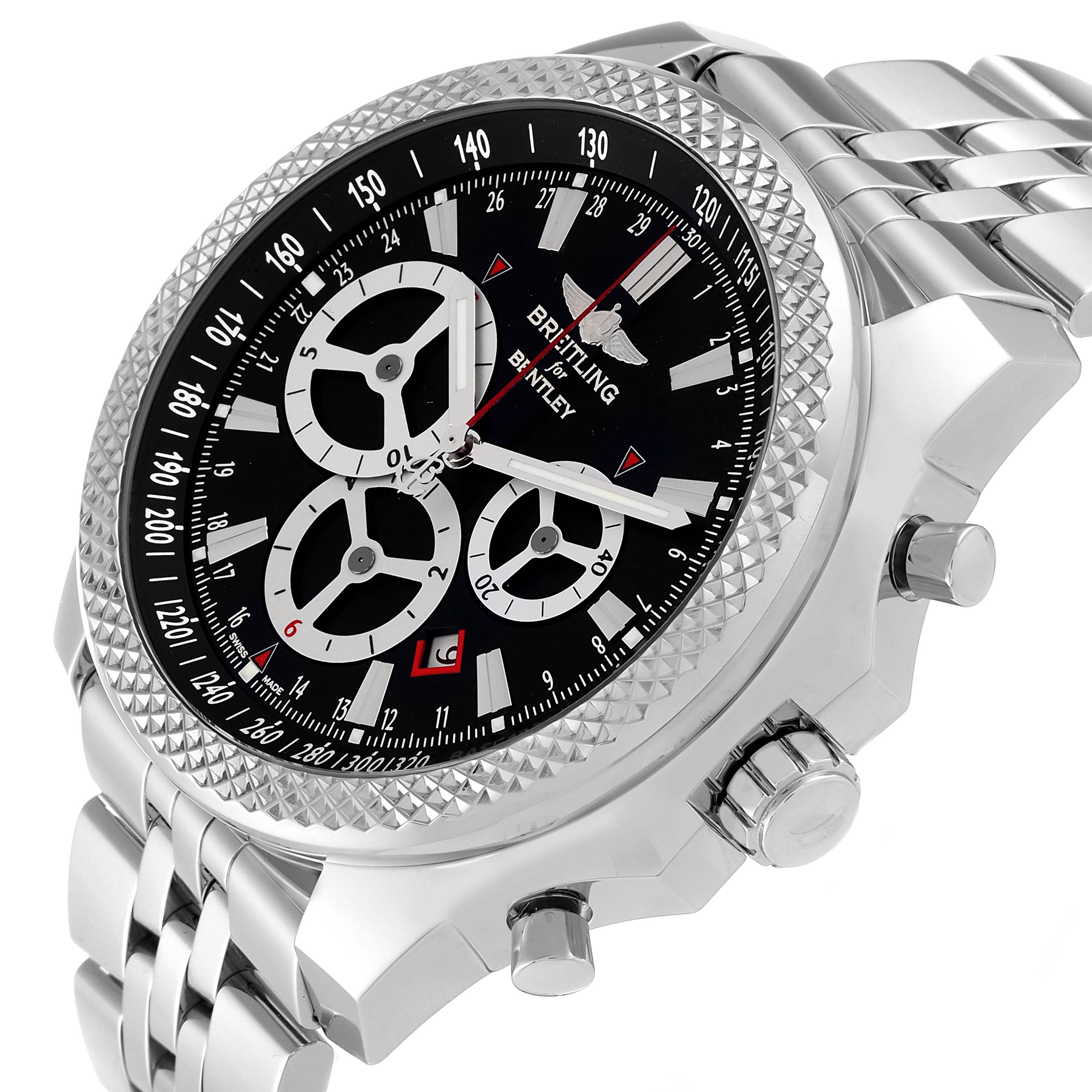 The Breitling Bentley A25366 Men's Stainless Steel Black Dial A25366 Men's Stainless Steel Black Dial watch is shown at an angle with a clear view of its face, bezel, chronograph dials, and stainless steel bracelet.