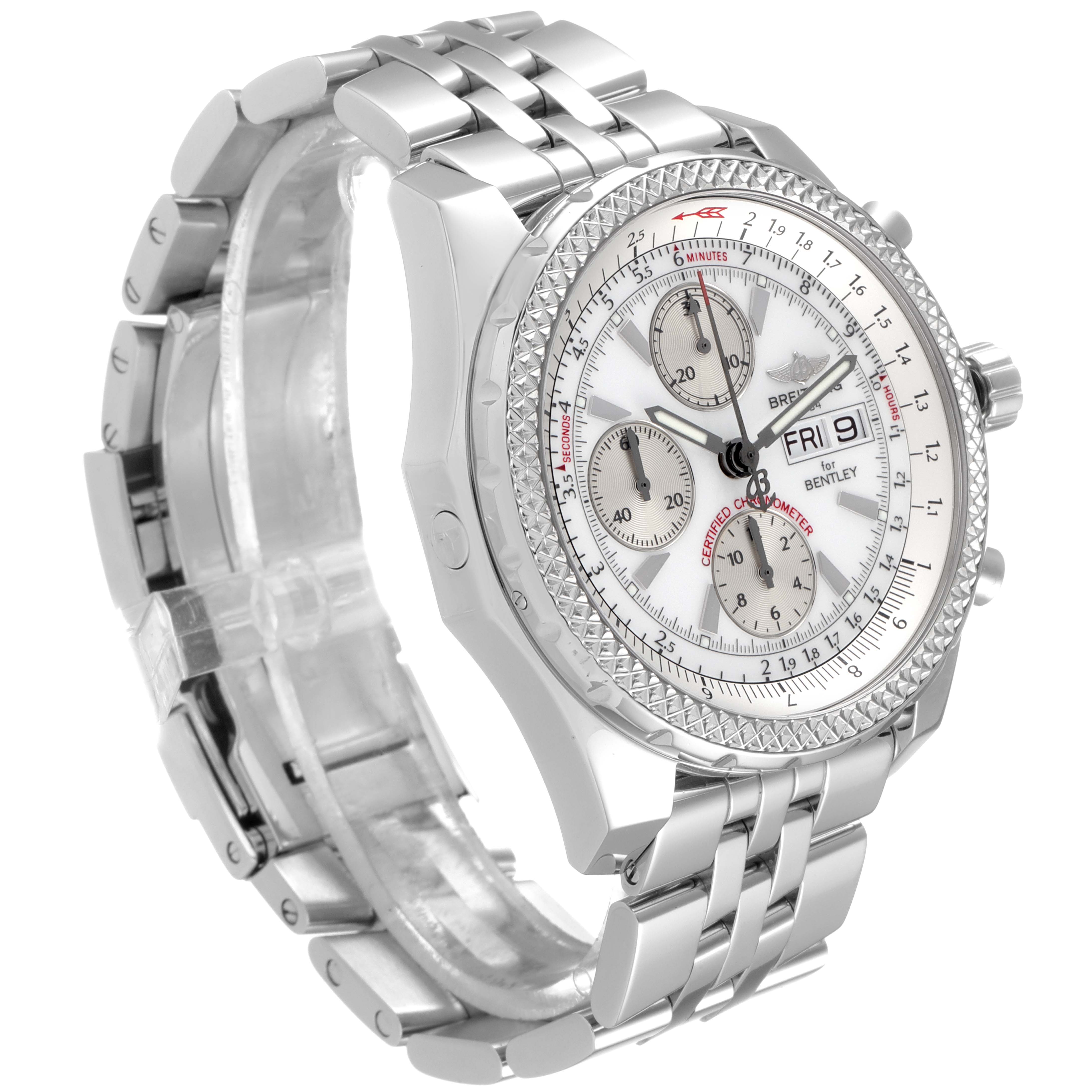 The Breitling Bentley A13362 Men's Stainless Steel Silver Dial A13362 Men's Stainless Steel Silver Dial watch is shown from an angled side view, highlighting its face, bracelet, and clasp.