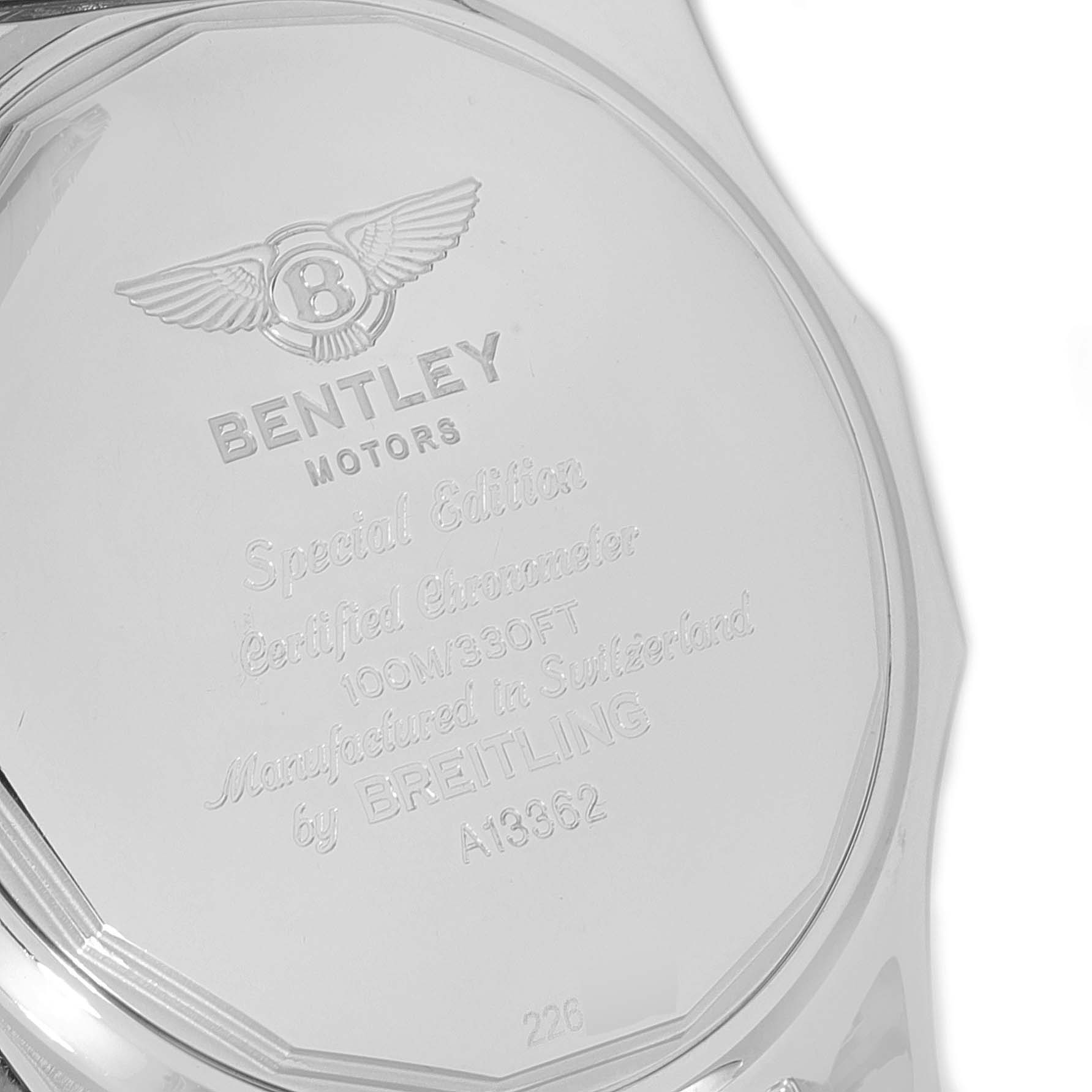 This image shows the back case of a Bentley model watch by Breitling, displaying etched details about the watch.