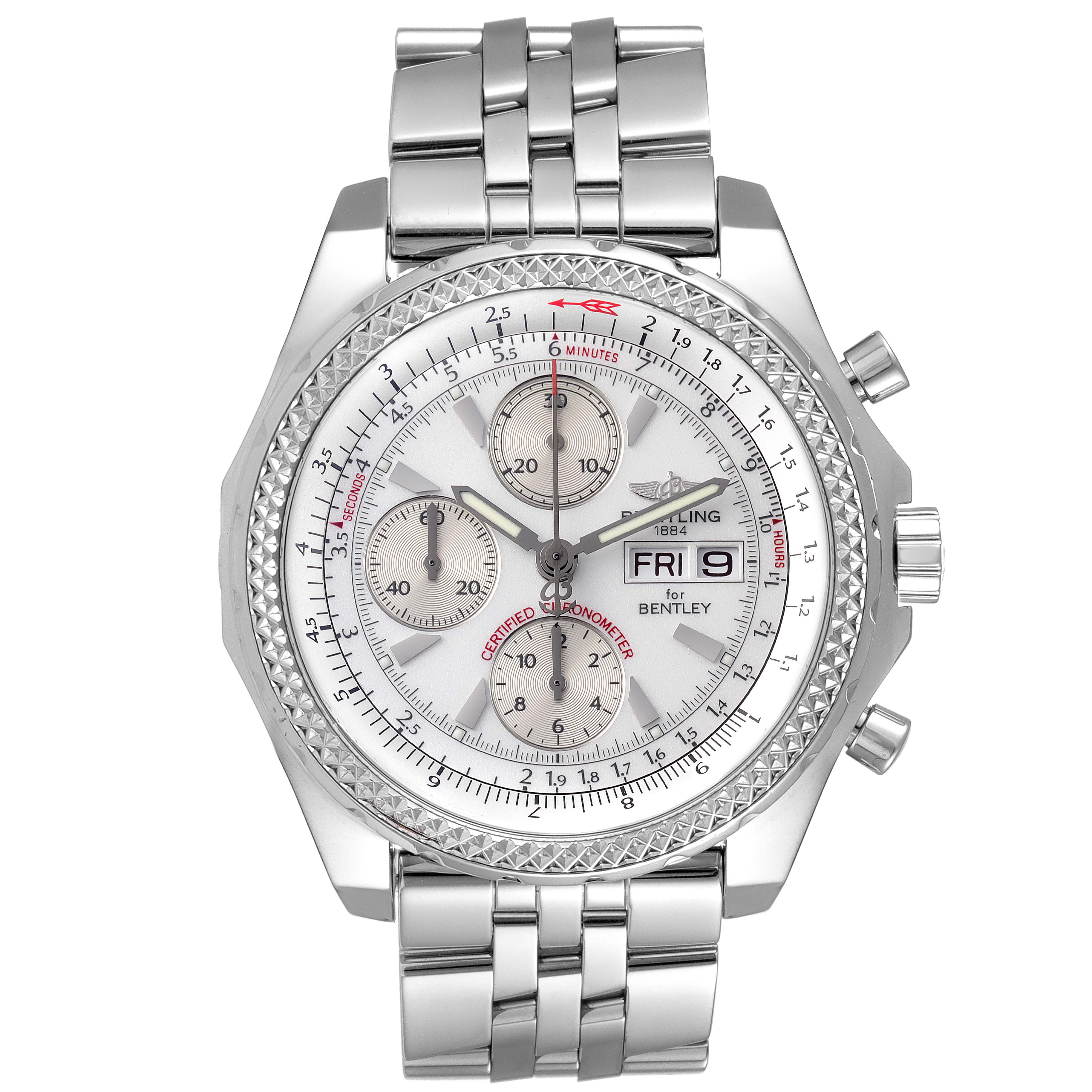The image shows a frontal view of a Breitling Bentley A13362 Men's Stainless Steel Silver Dial A13362 Men's Stainless Steel Silver Dial watch, detailing the face, bezel, and metal bracelet.