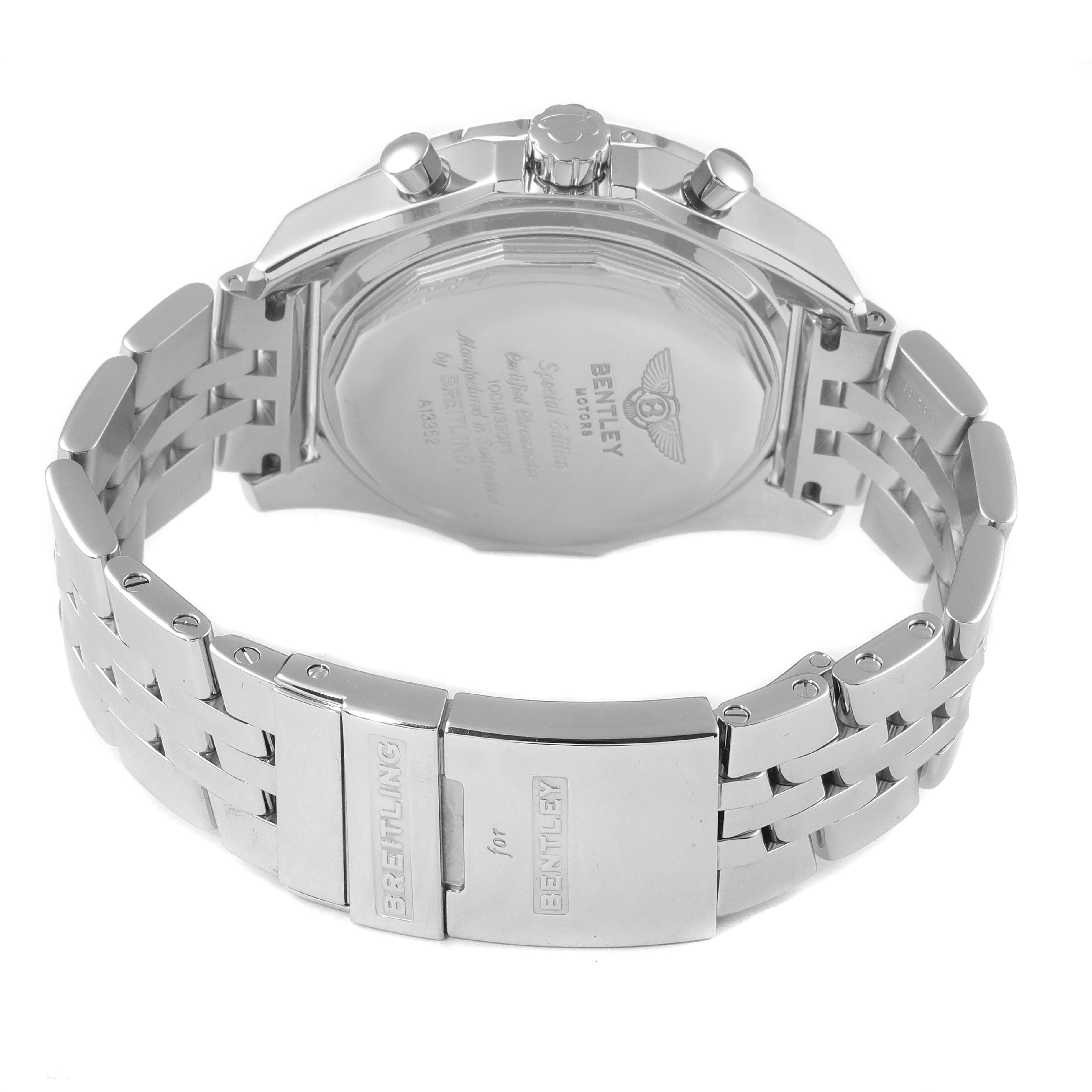 The image shows the back case and clasp of the Breitling Bentley A13362 Men's Stainless Steel Silver Dial A13362 Men's Stainless Steel Silver Dial model watch from a rear angle.