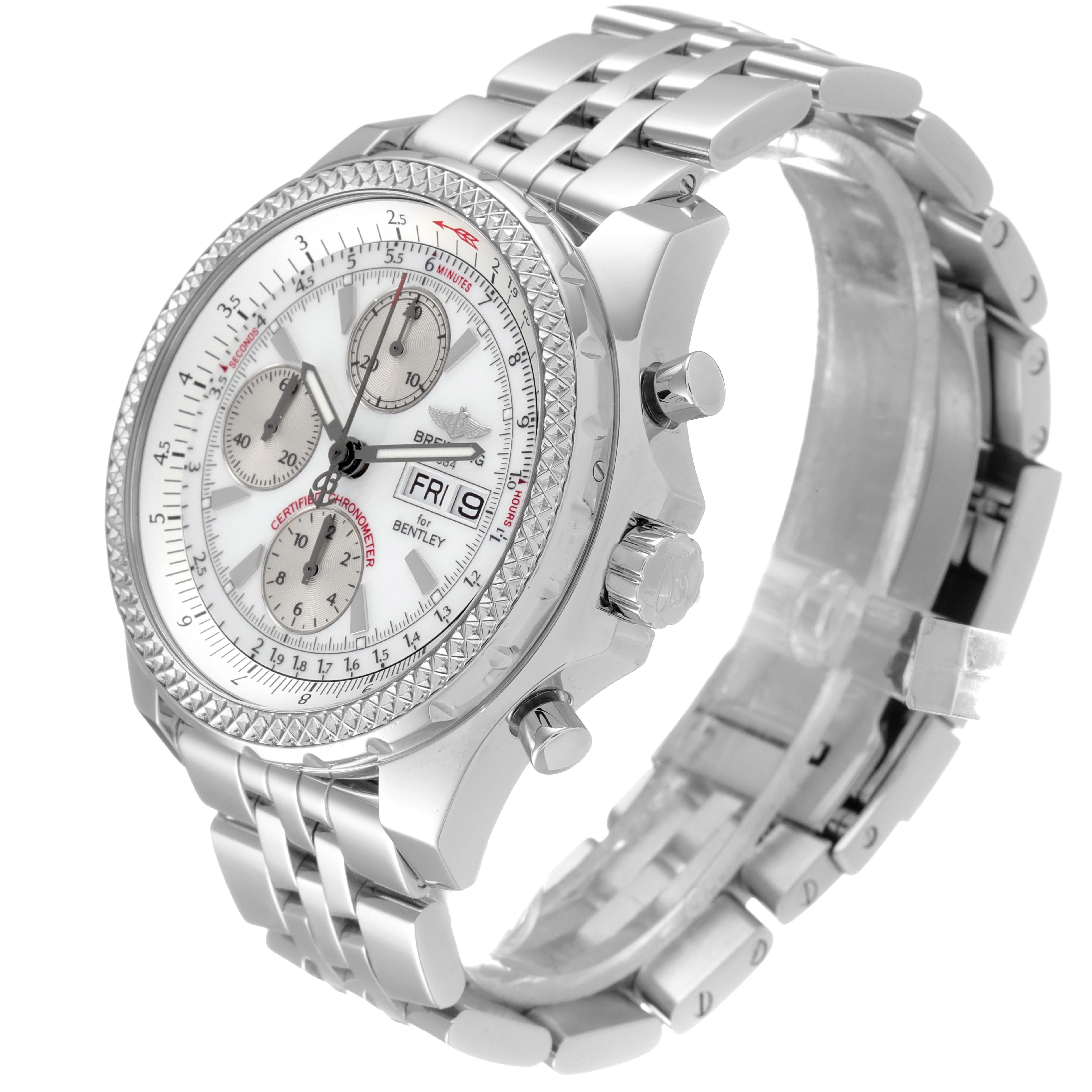 The Breitling Bentley A13362 Men's Stainless Steel Silver Dial A13362 Men's Stainless Steel Silver Dial watch is angled to show the dial, bezel, crown, and part of the metal bracelet.