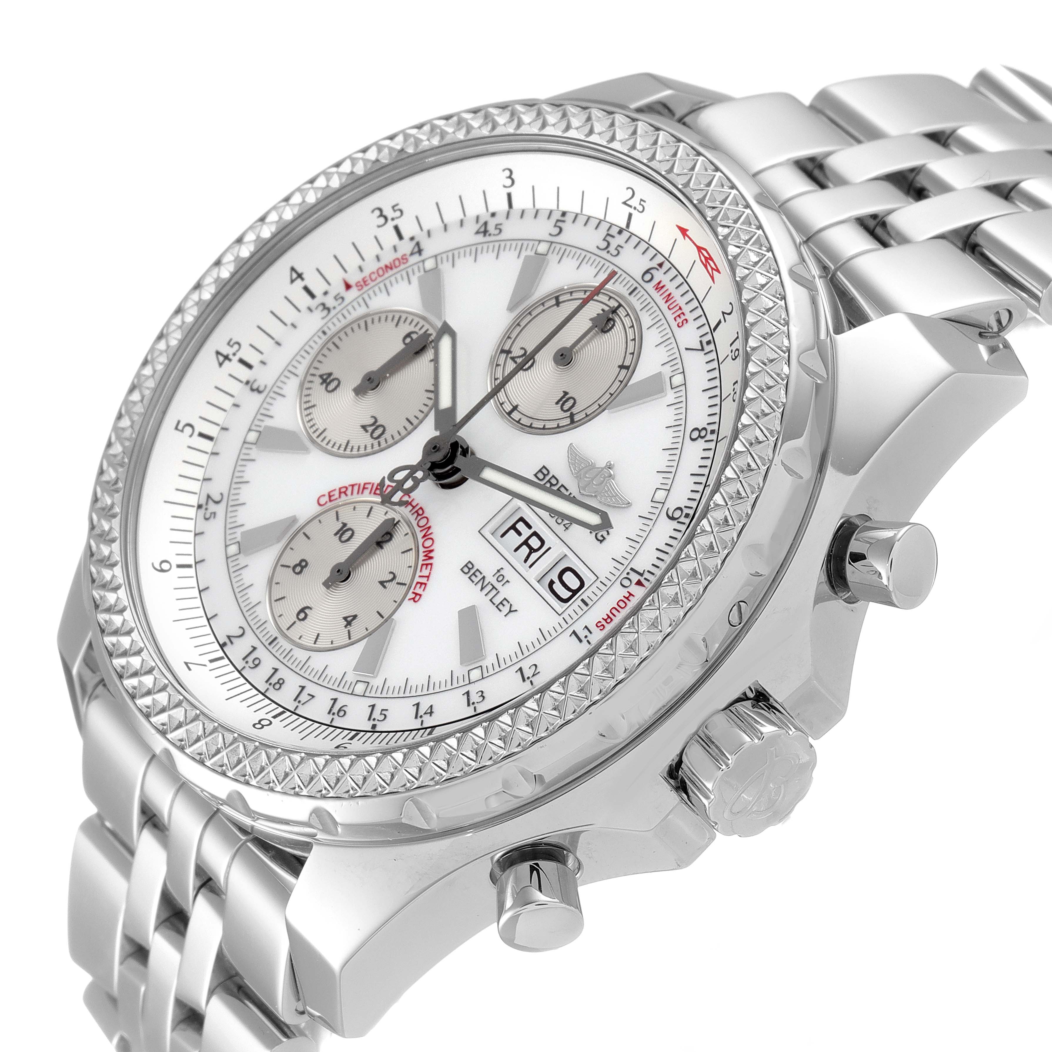 This image shows a close-up of the Breitling Bentley A13362 Men's Stainless Steel Silver Dial A13362 Men's Stainless Steel Silver Dial watch, displaying its face, bezel, crown, and part of the bracelet.