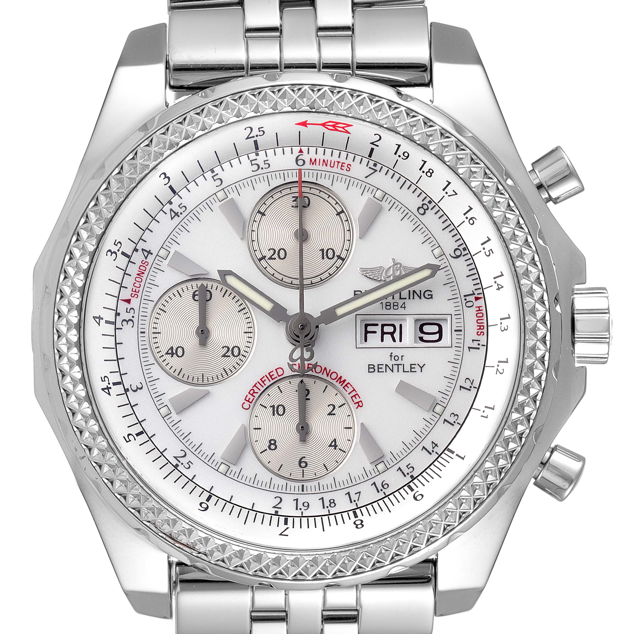 This image shows a front view of the Breitling Bentley A13362 Men's Stainless Steel Silver Dial A13362 Men's Stainless Steel Silver Dial watch, highlighting the dial, bezel, and chronograph sub-dials.