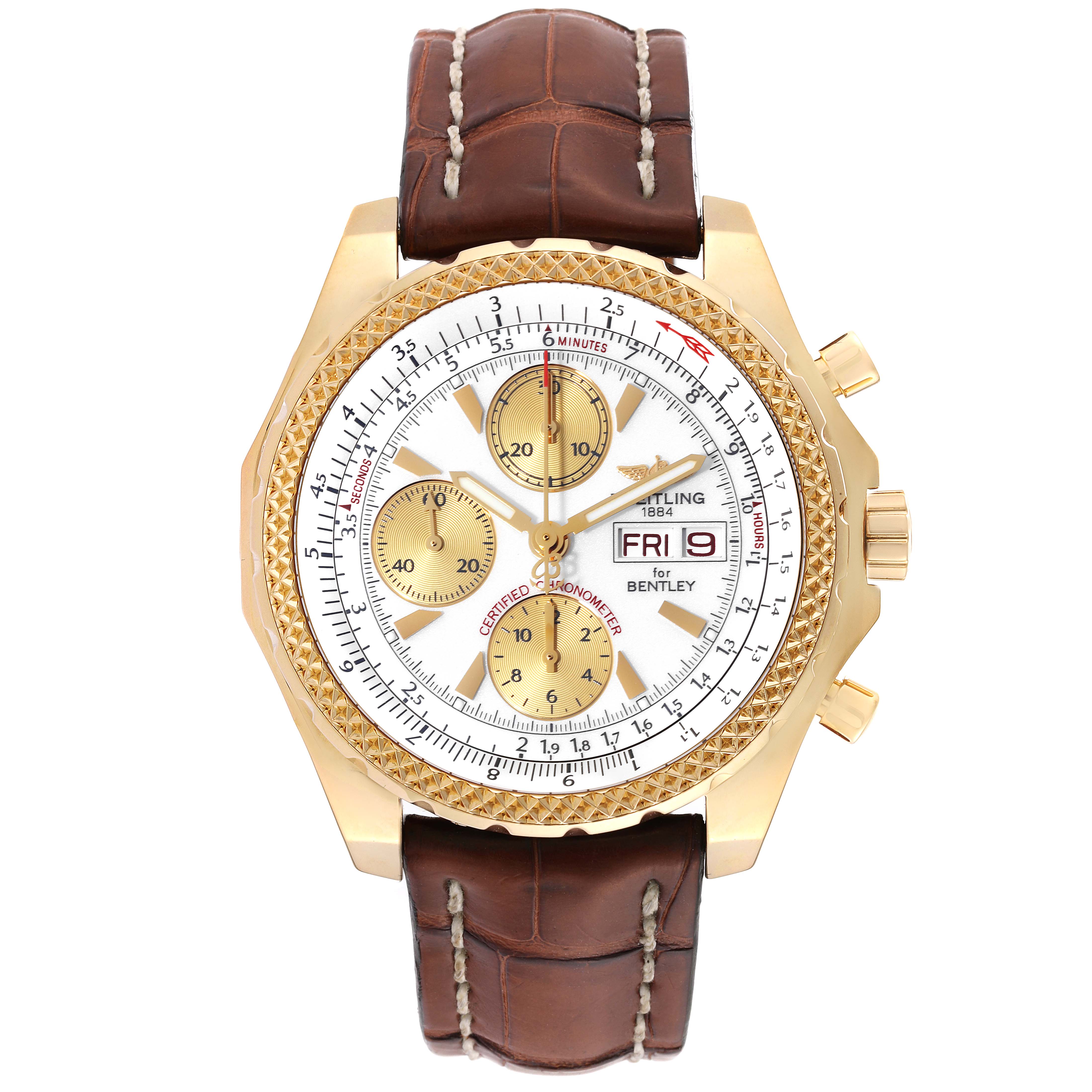 The image shows a frontal view of the Breitling Bentley K13362 Men's Yellow Gold White Dial K13362 Men's Yellow Gold White Dial model watch, including its dial, subdials, bezel, and brown leather strap.