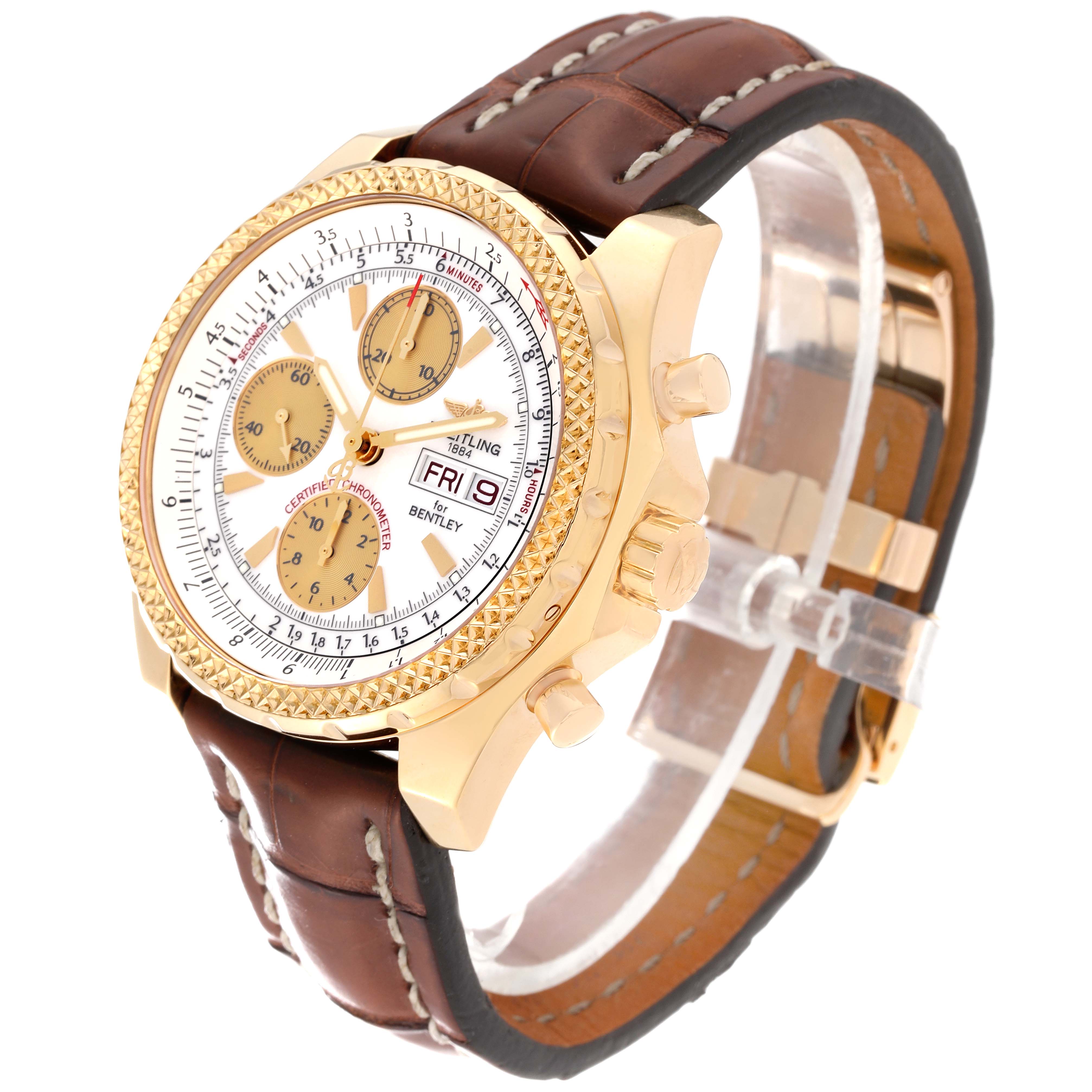 The image shows a Breitling Bentley K13362 Men's Yellow Gold White Dial K13362 Men's Yellow Gold White Dial watch at a slight angle, highlighting its gold case, brown leather strap, and chronograph dials.