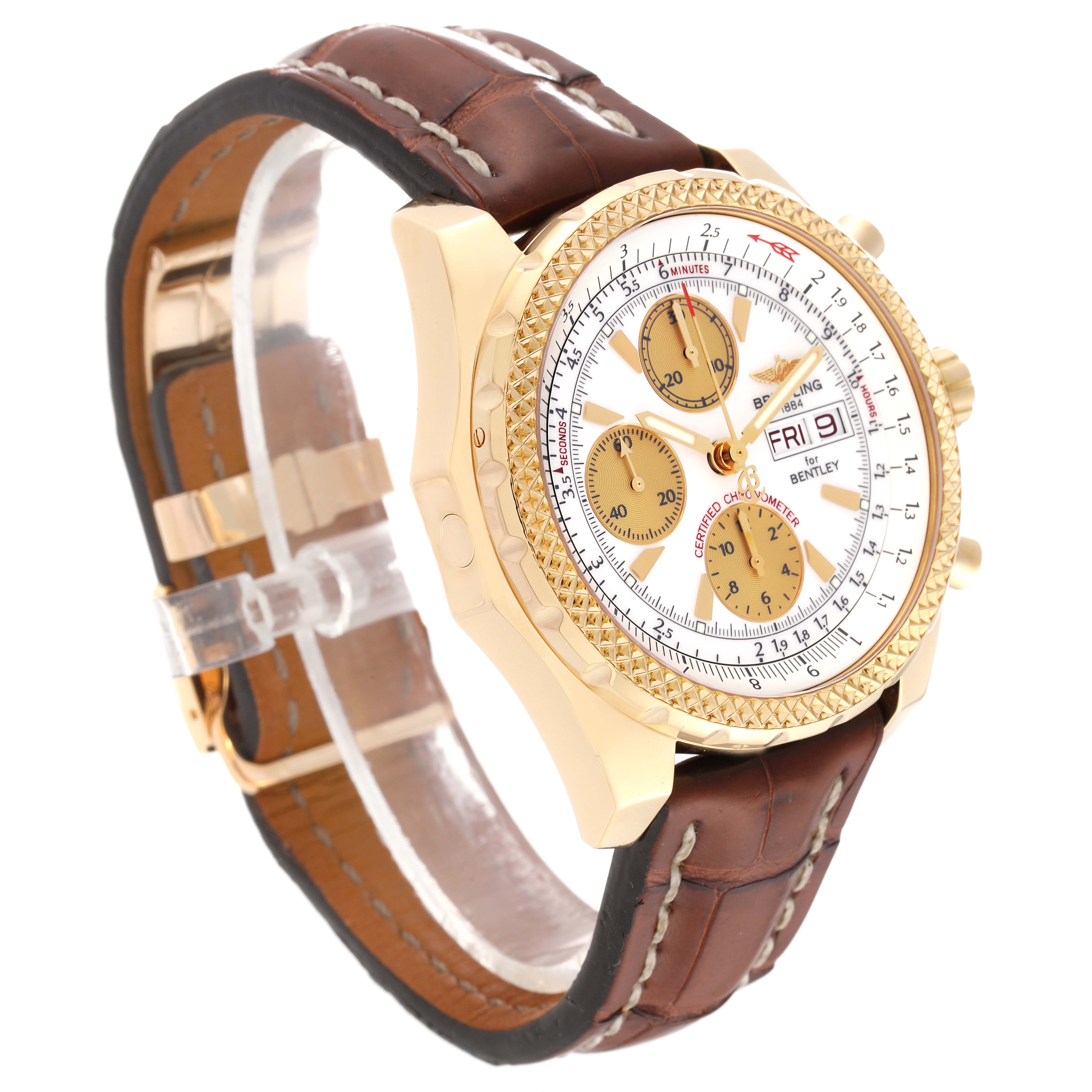 This Breitling Bentley K13362 Men's Yellow Gold White Dial K13362 Men's Yellow Gold White Dial watch is shown at a three-quarter angle, displaying its face, bezel, chronographs, crown, and leather strap.