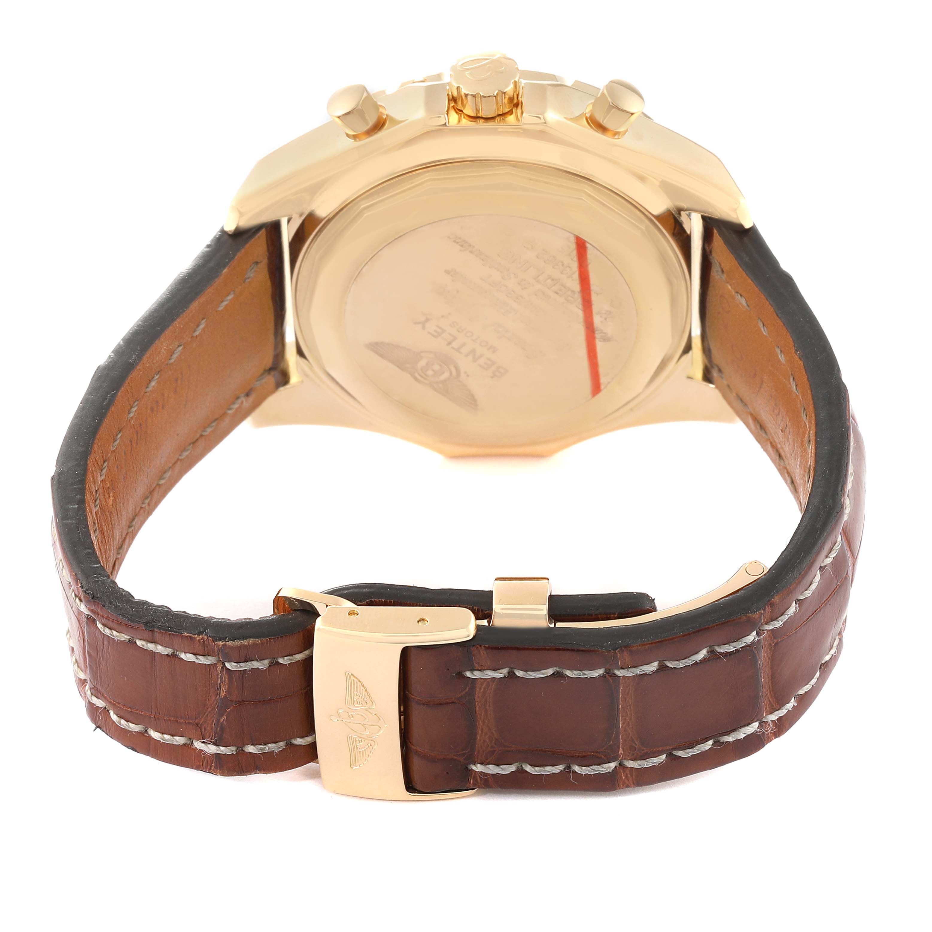 This image shows the back case and leather strap of a Bentley model by Breitling, featuring the clasp and case back detail.
