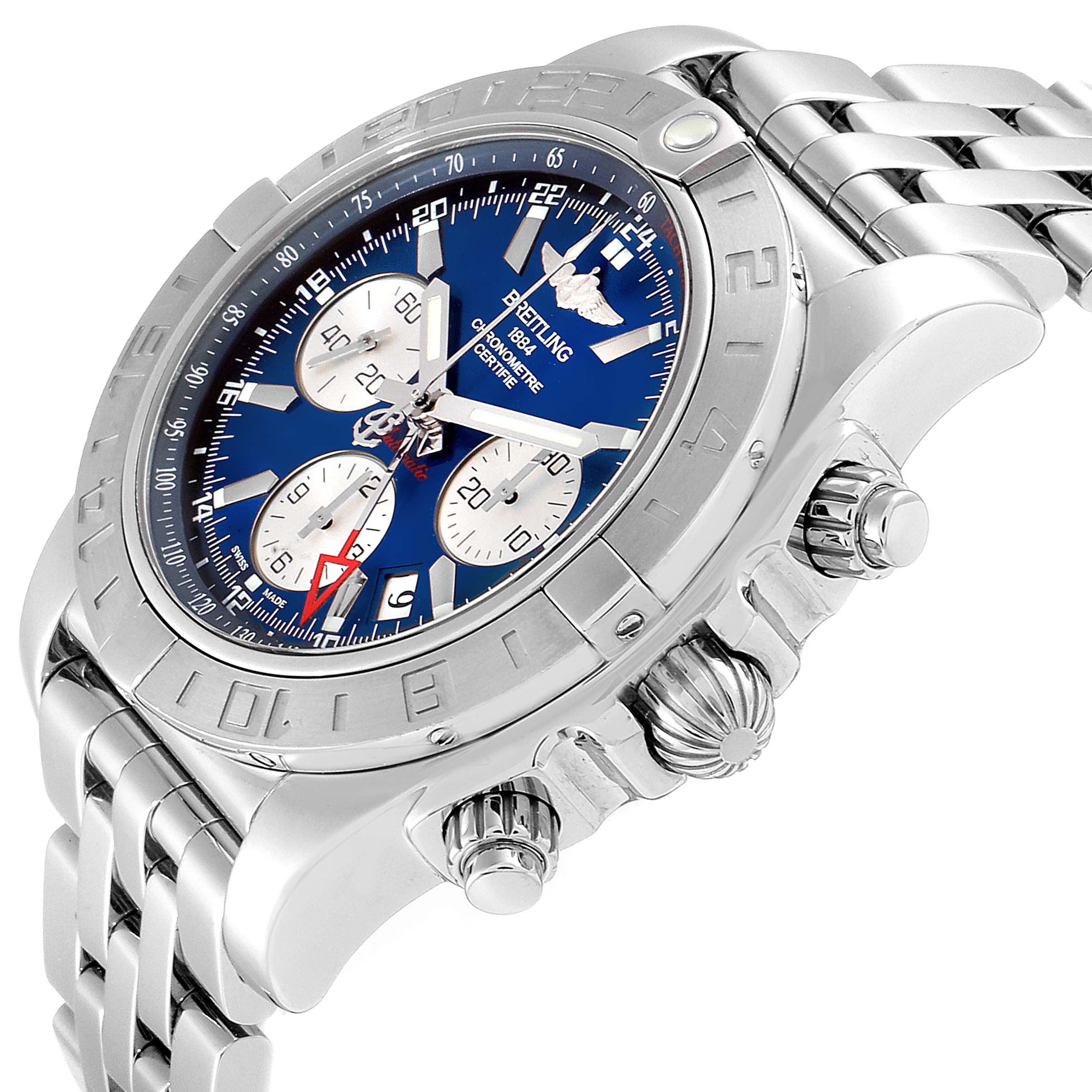 The Breitling Chronomat AB042011/C851-375A Men
s Stainless Steel Blue Dial AB042011/C851-375A Men
s Stainless Steel Blue Dial watch is shown at an angle highlighting the face, bezel, bracelet, and crown.