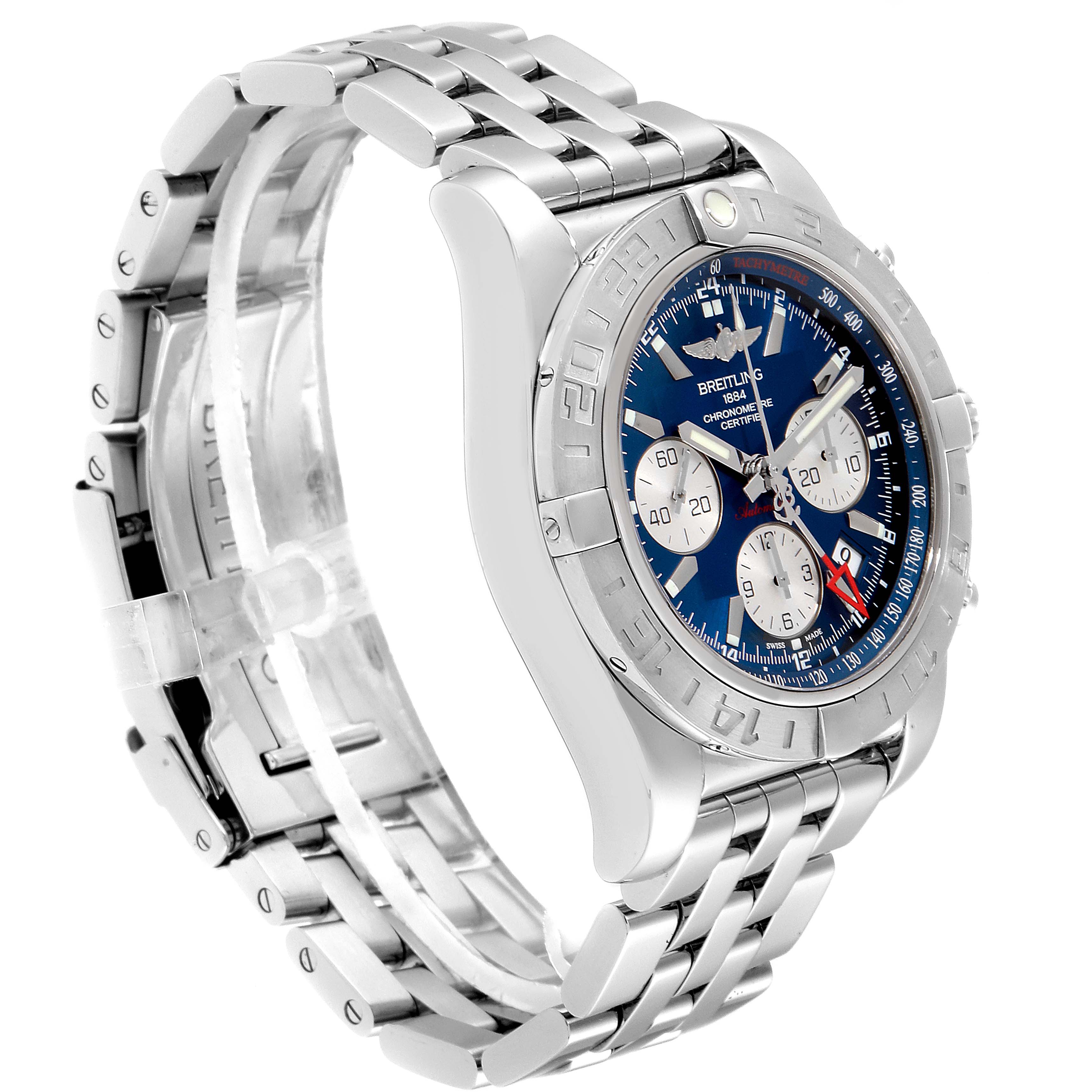 The Breitling Chronomat AB042011/C851-375A Men
s Stainless Steel Blue Dial AB042011/C851-375A Men
s Stainless Steel Blue Dial watch is shown at an angle highlighting its face, bezel, and bracelet.