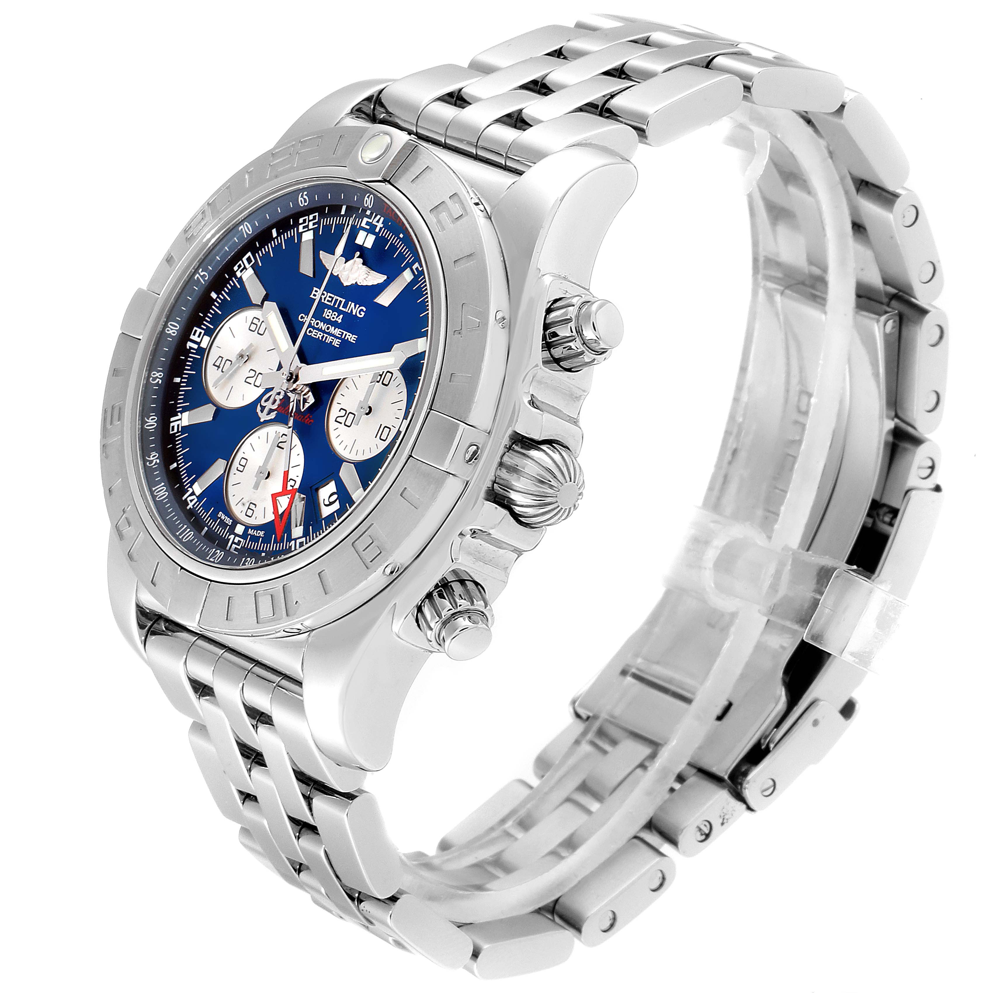 The Breitling Chronomat AB042011/C851-375A Men
s Stainless Steel Blue Dial AB042011/C851-375A Men
s Stainless Steel Blue Dial watch is shown at a three-quarter angle displaying the face, crown, pushers, and stainless steel bracelet.