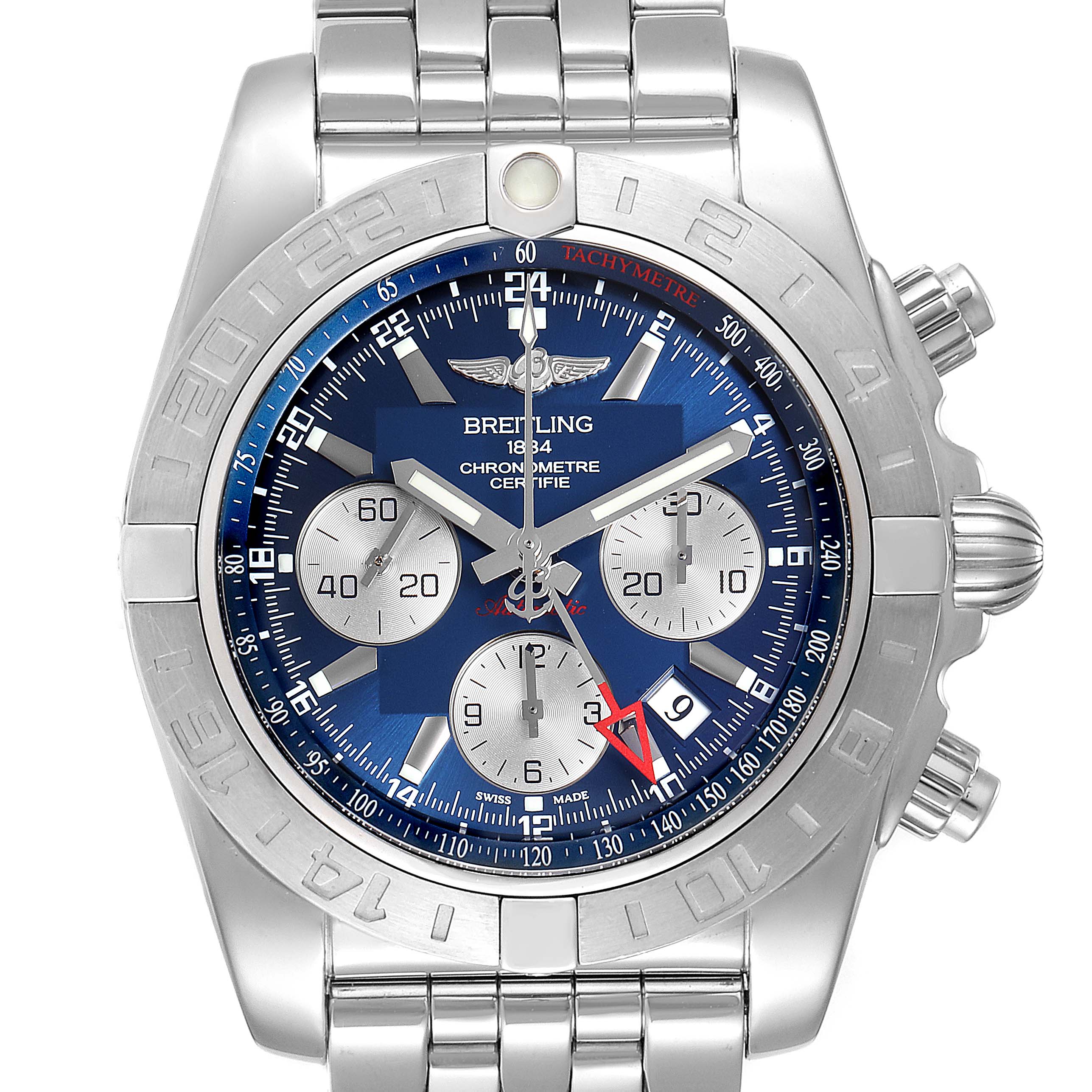 The Breitling Chronomat AB042011/C851-375A Men
s Stainless Steel Blue Dial AB042011/C851-375A Men
s Stainless Steel Blue Dial watch is shown from the front, highlighting the face, bezel, three subdials, and stainless steel bracelet.