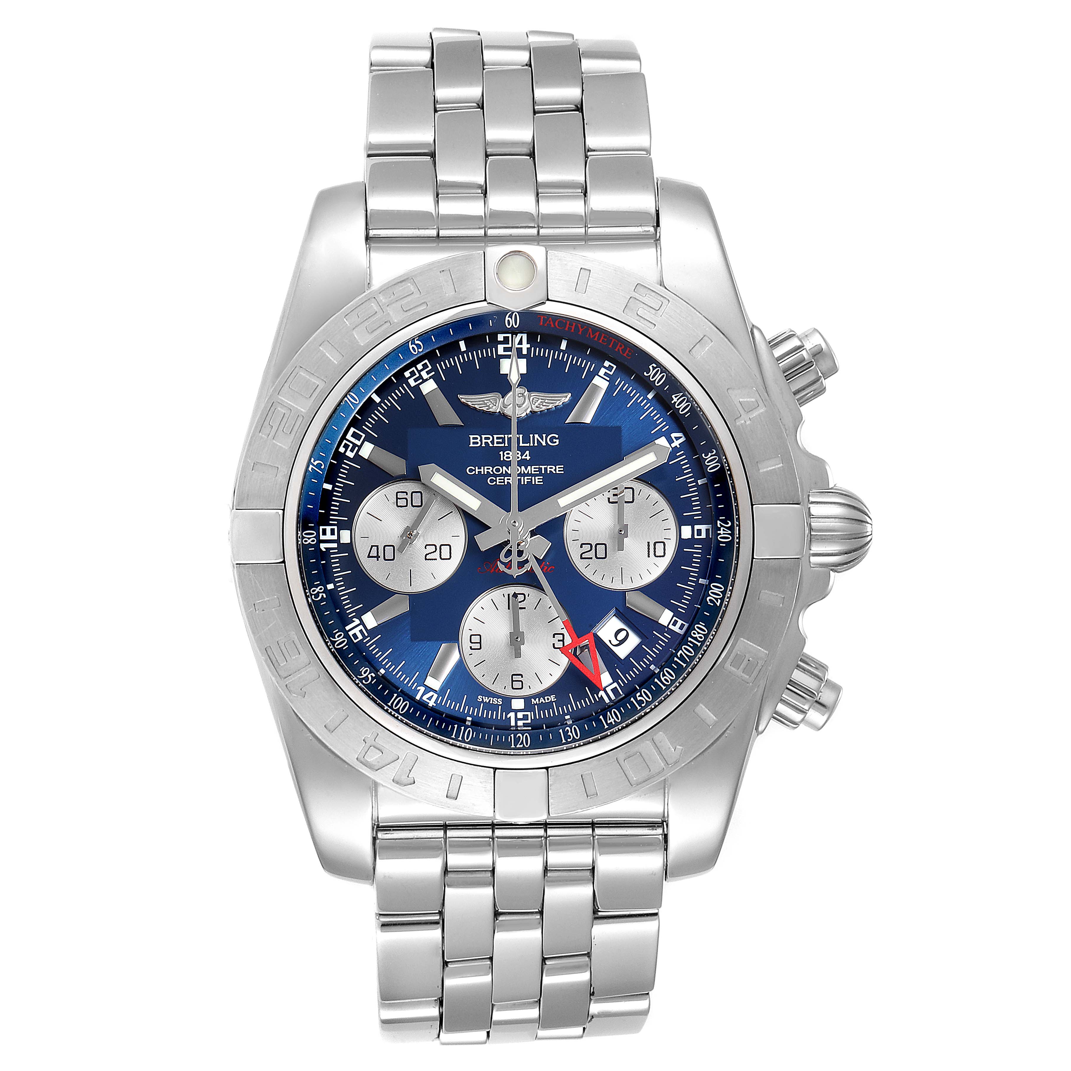 The image shows a front view of the Breitling Chronomat AB042011/C851-375A Men
s Stainless Steel Blue Dial AB042011/C851-375A Men
s Stainless Steel Blue Dial watch, displaying the dial, subdials, bezel, and steel bracelet.