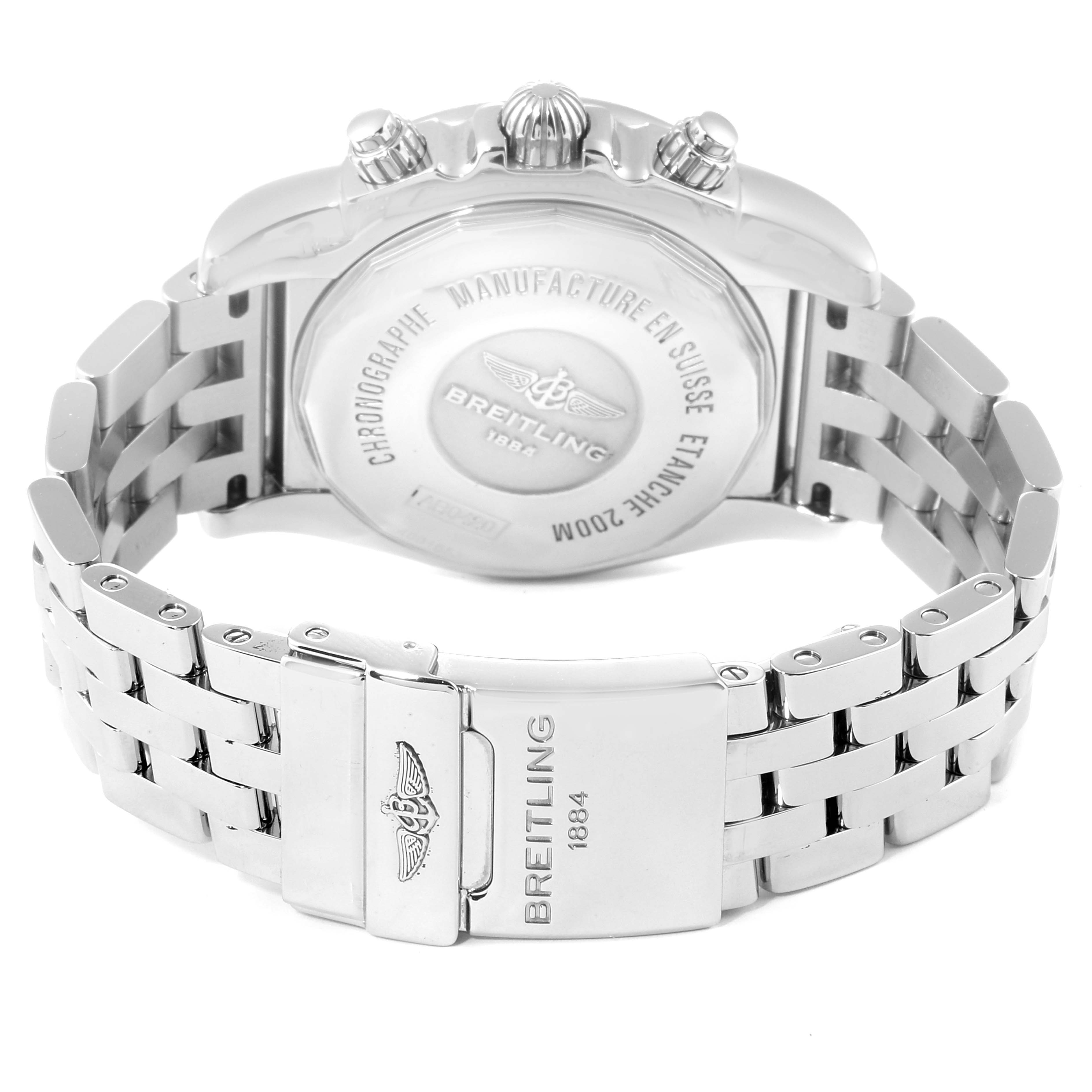 The image shows the back view of the Breitling Chronomat AB042011/C851-375A Men
s Stainless Steel Blue Dial AB042011/C851-375A Men
s Stainless Steel Blue Dial watch, focusing on the caseback and metallic bracelet with the clasp.