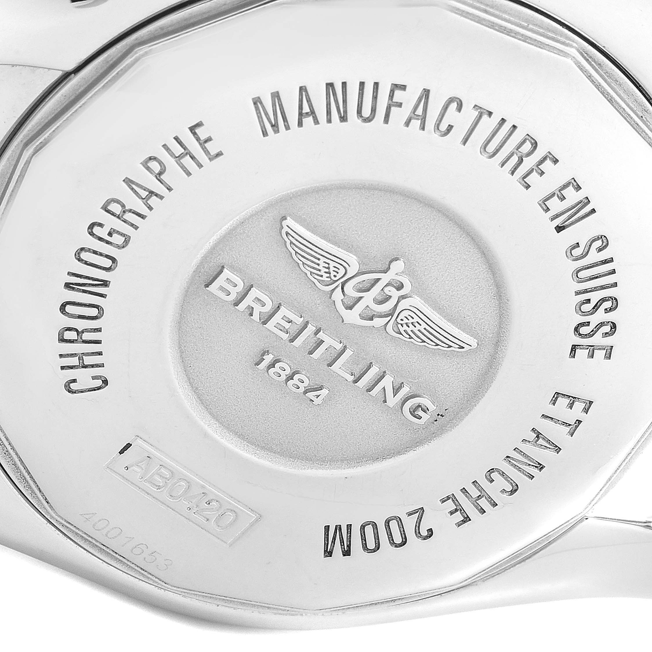 The image shows the back case of a Breitling Chronomat AB042011/C851-375A Men
s Stainless Steel Blue Dial AB042011/C851-375A Men
s Stainless Steel Blue Dial watch, highlighting the brand logo and technical details.