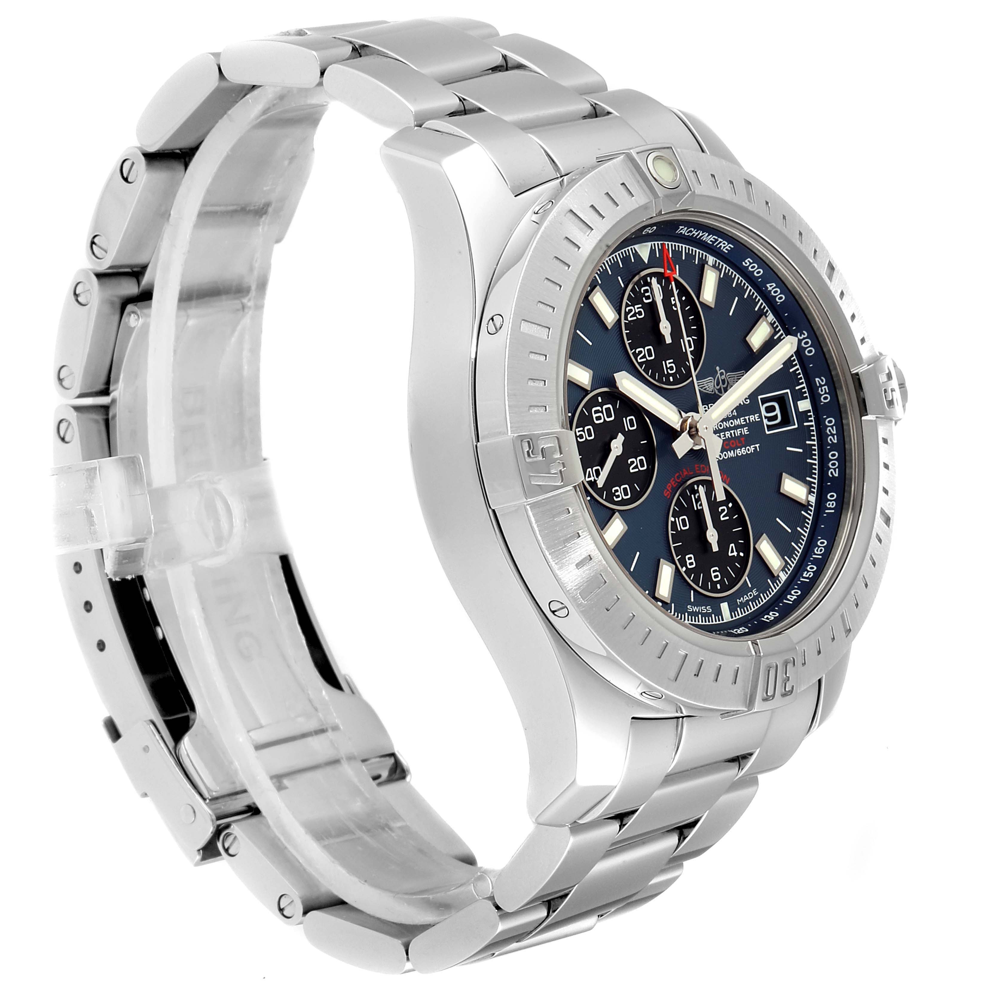The image shows a side angle of a Breitling Colt A13035 Men's Stainless Steel Blue Dial A13035 Men's Stainless Steel Blue Dial watch, highlighting the band, bezel, and face with its chronograph features.