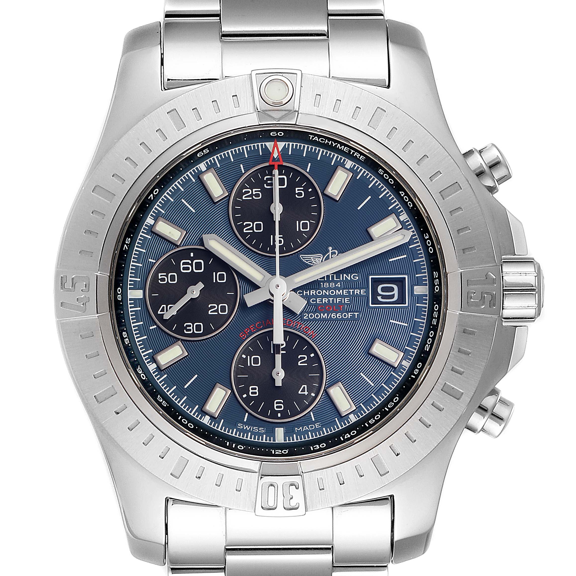The image shows a front view of the Breitling Colt A13035 Men's Stainless Steel Blue Dial A13035 Men's Stainless Steel Blue Dial watch, displaying its face, bezel, and metal bracelet.
