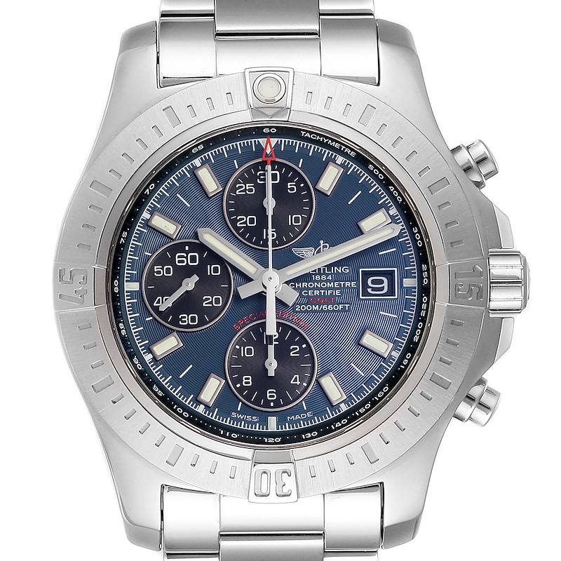 Breitling Colt Blue Dial Automatic Chronograph Steel Mens Watch A13388 Box SwissWatchExpo