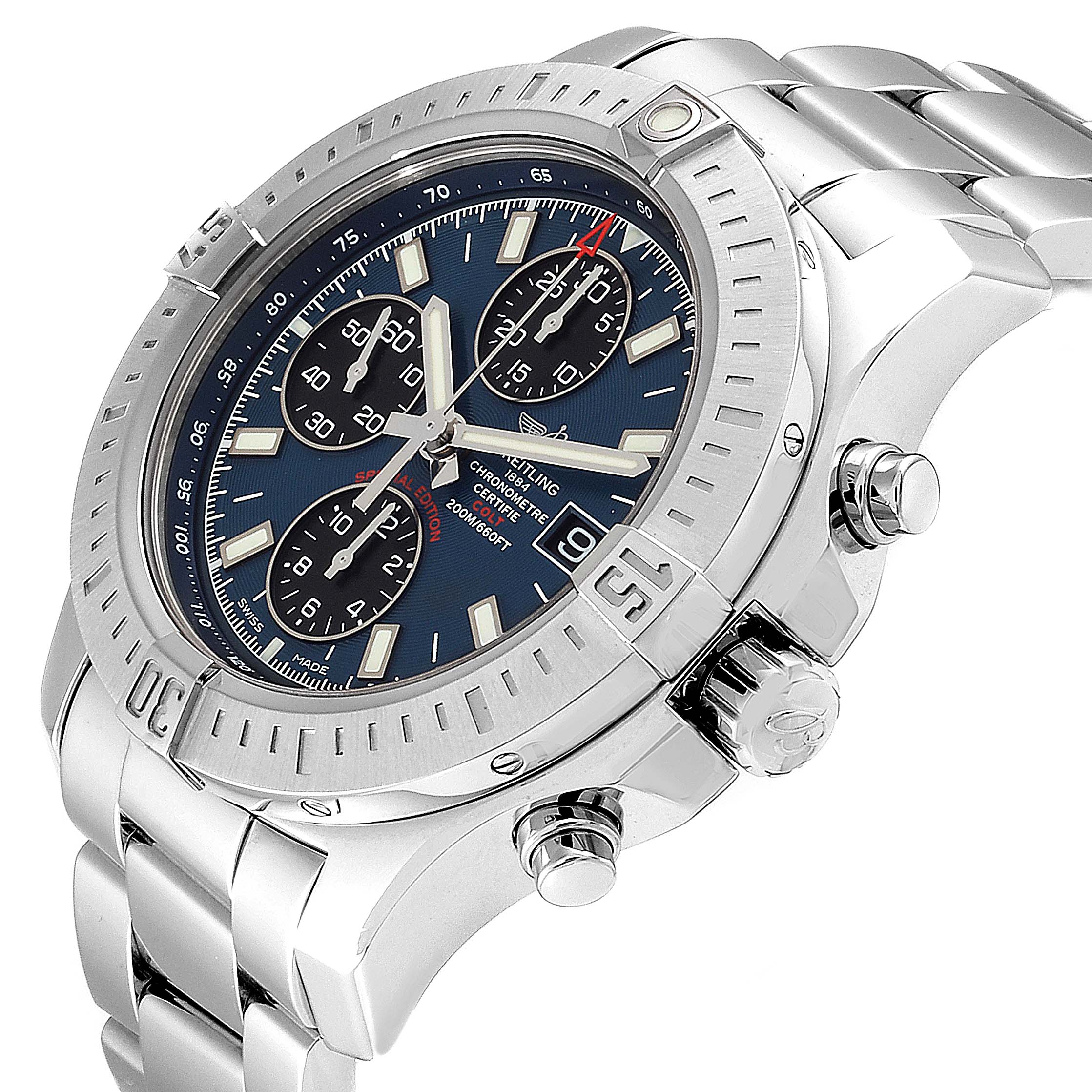 The image shows a Breitling Colt A13035 Men's Stainless Steel Blue Dial A13035 Men's Stainless Steel Blue Dial model watch at an angled side view, highlighting the face, bezel, and part of the bracelet.