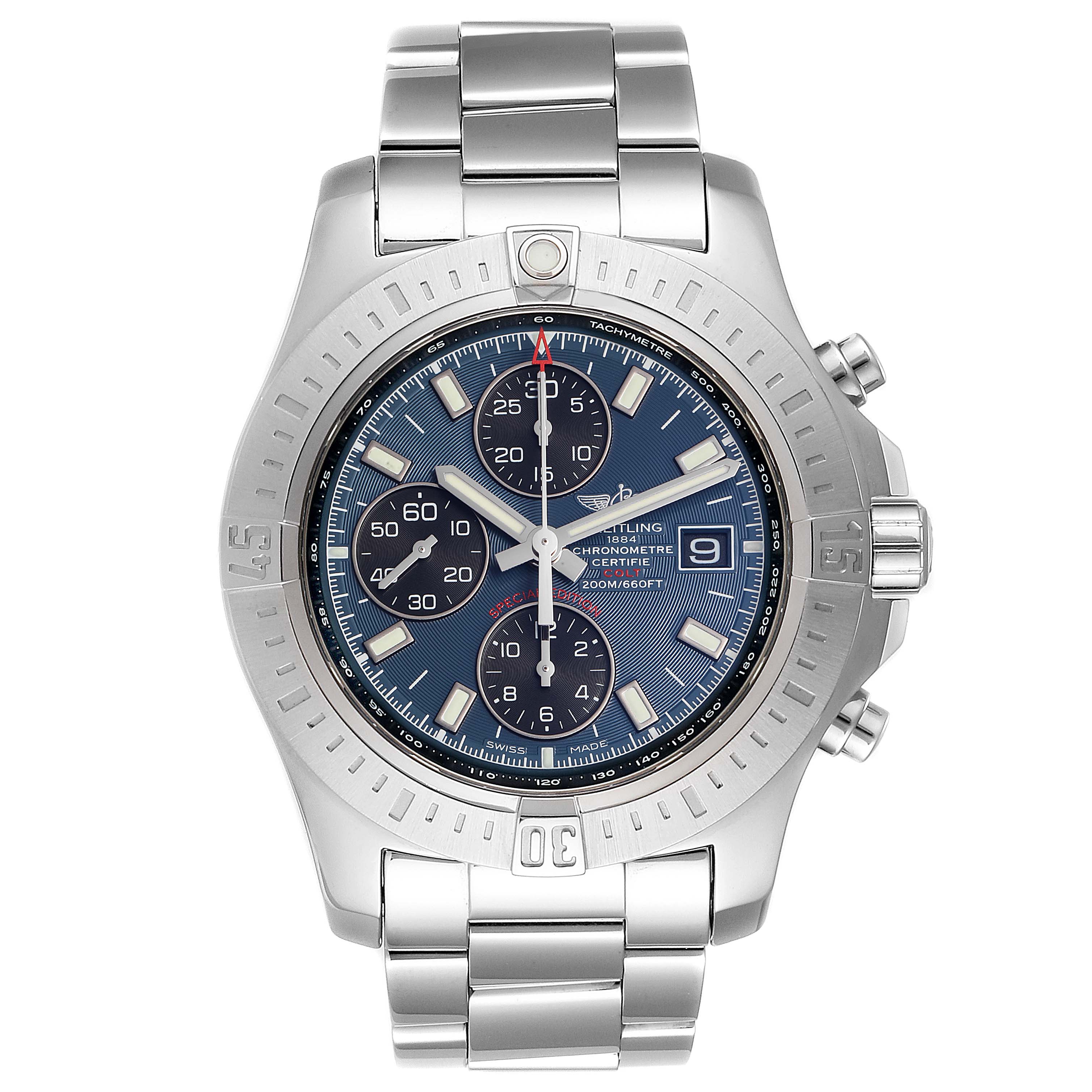 The image shows a front view of a Breitling Colt A13035 Men's Stainless Steel Blue Dial A13035 Men's Stainless Steel Blue Dial watch, including its bezel, dial, sub-dials, bracelet, and watch crown.