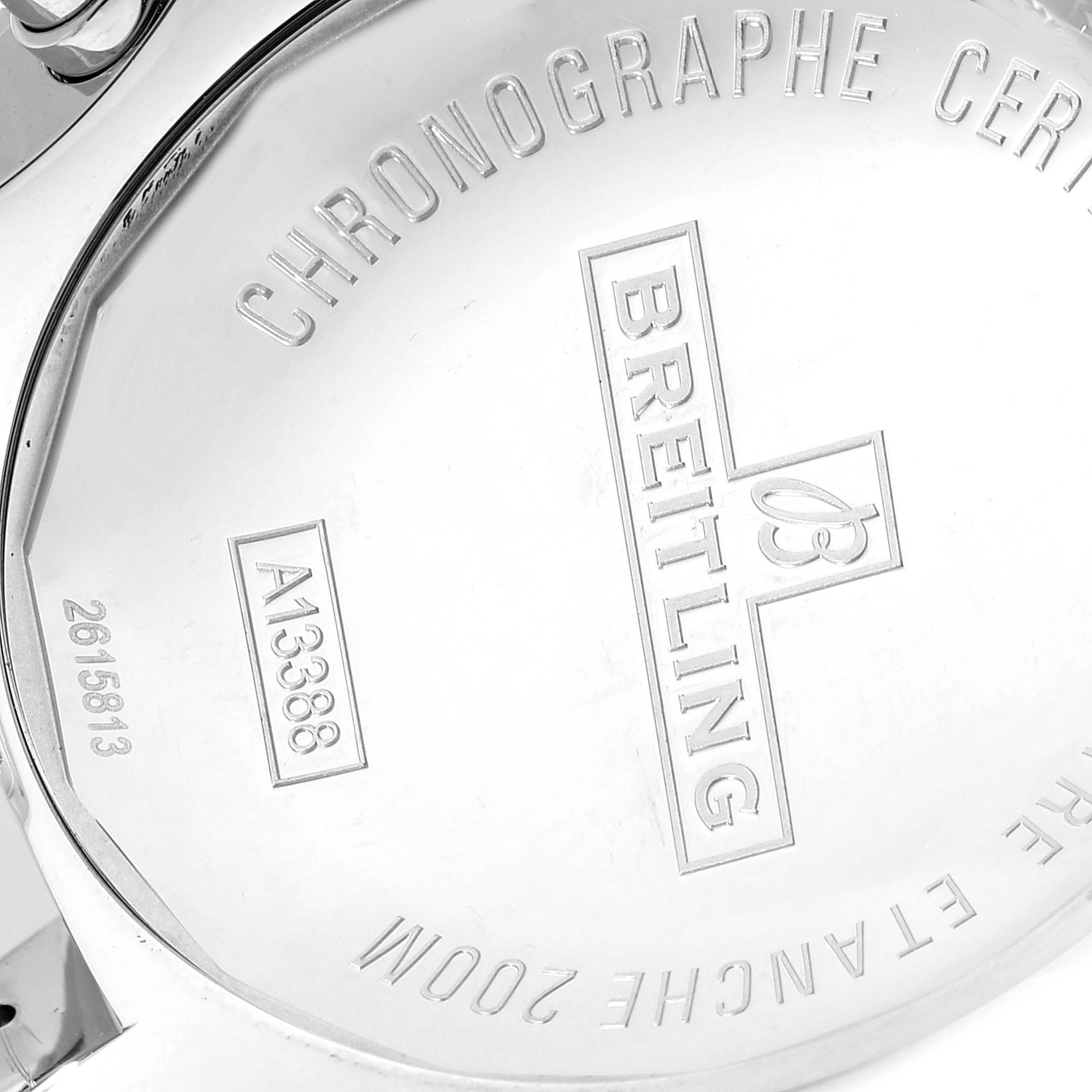 The image shows the back casing of a Breitling Colt A13035 Men's Stainless Steel Blue Dial A13035 Men's Stainless Steel Blue Dial watch, highlighting its engravings.