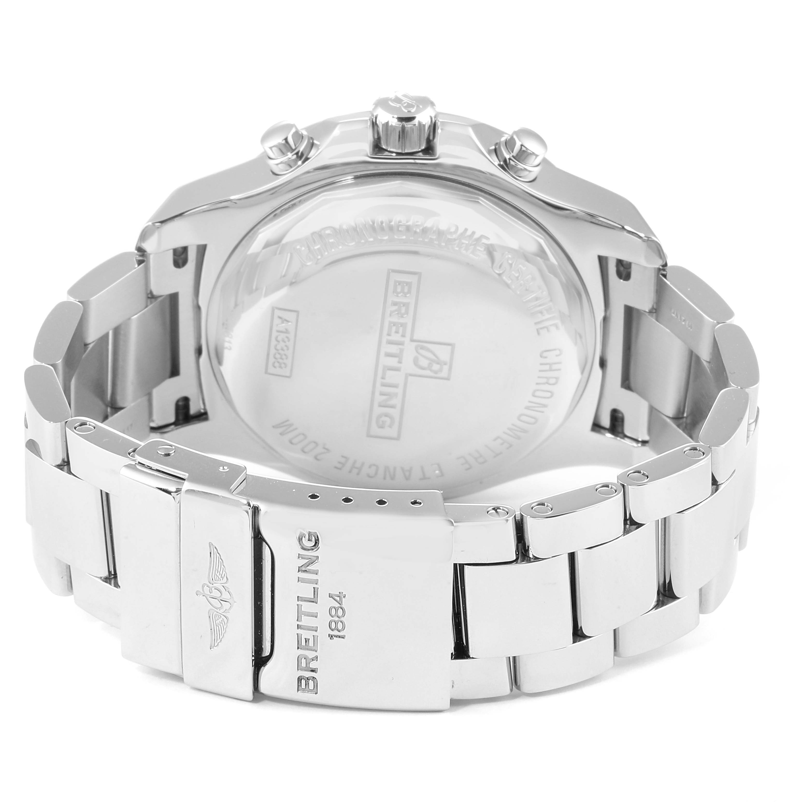 The image shows the back view of a Breitling Colt A13035 Men's Stainless Steel Blue Dial A13035 Men's Stainless Steel Blue Dial watch, highlighting the stainless steel caseback, bracelet, and clasp.