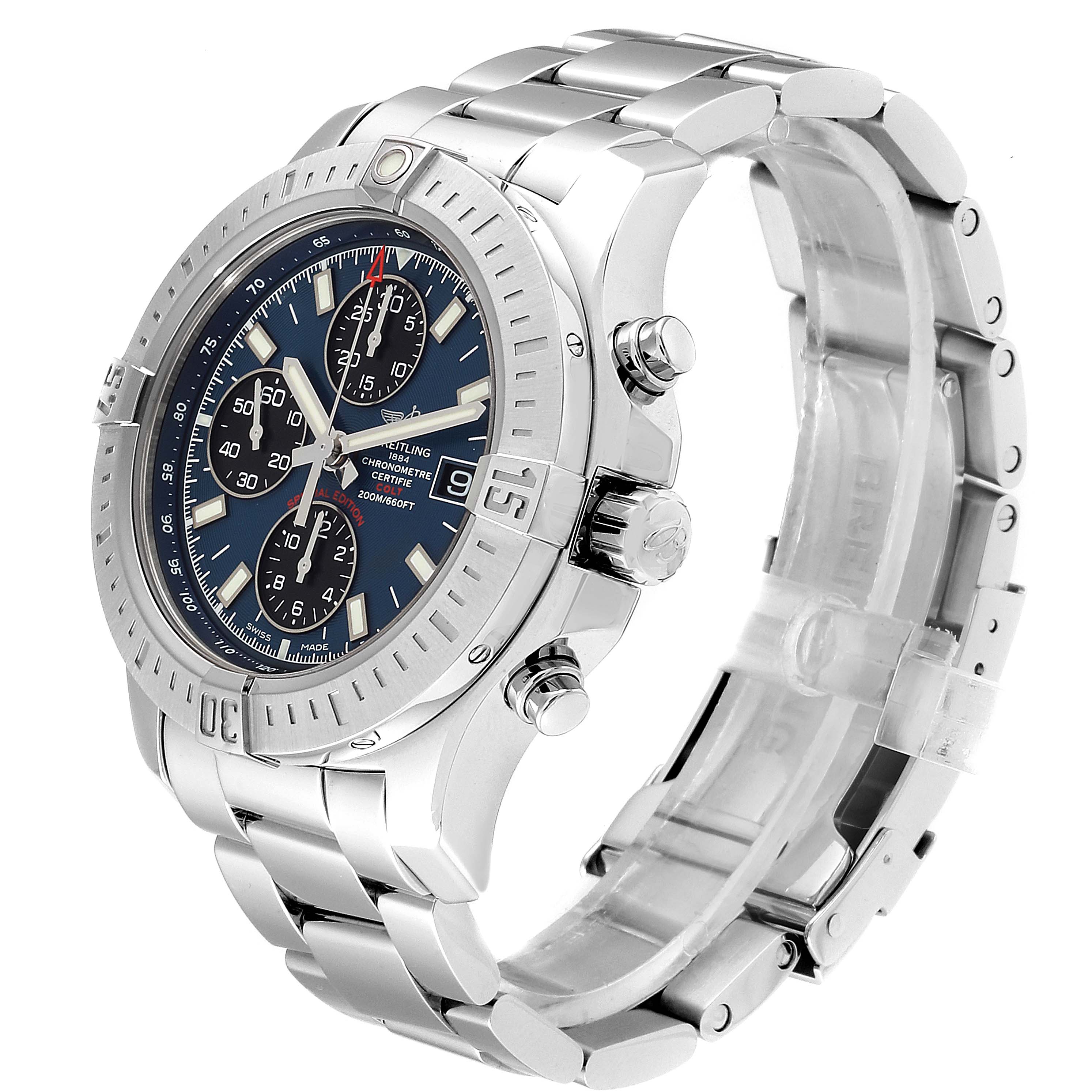 Breitling Colt Blue Dial Automatic Chronograph Steel Mens Watch A13388 Box Swisswatchexpo 