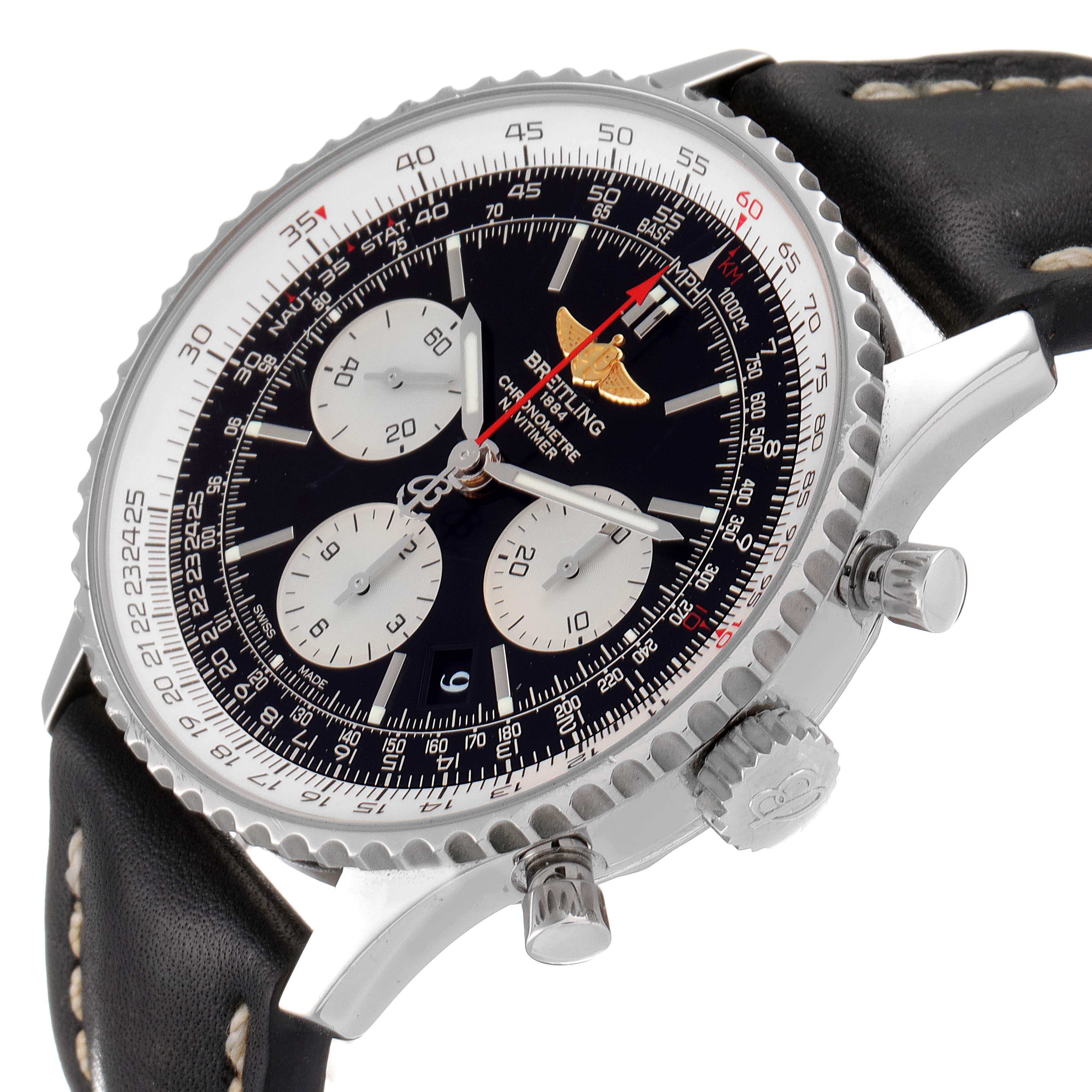 This image shows a close-up, angled view of the face and crown of a Breitling Navitimer AB0120 Men
s Stainless Steel Black Dial AB0120 Men
s Stainless Steel Black Dial watch, revealing the dials and bezel.