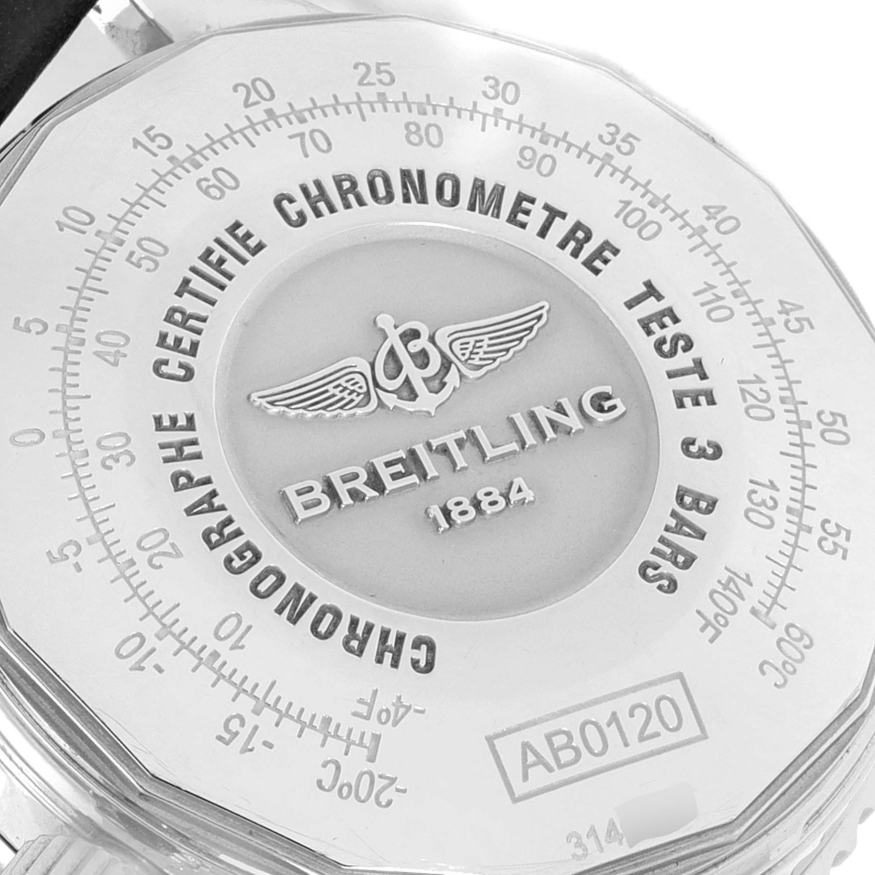 The image shows the back case of a Breitling Navitimer AB0120 Men
s Stainless Steel Black Dial AB0120 Men
s Stainless Steel Black Dial watch, featuring the brand name, logo, and certification details.