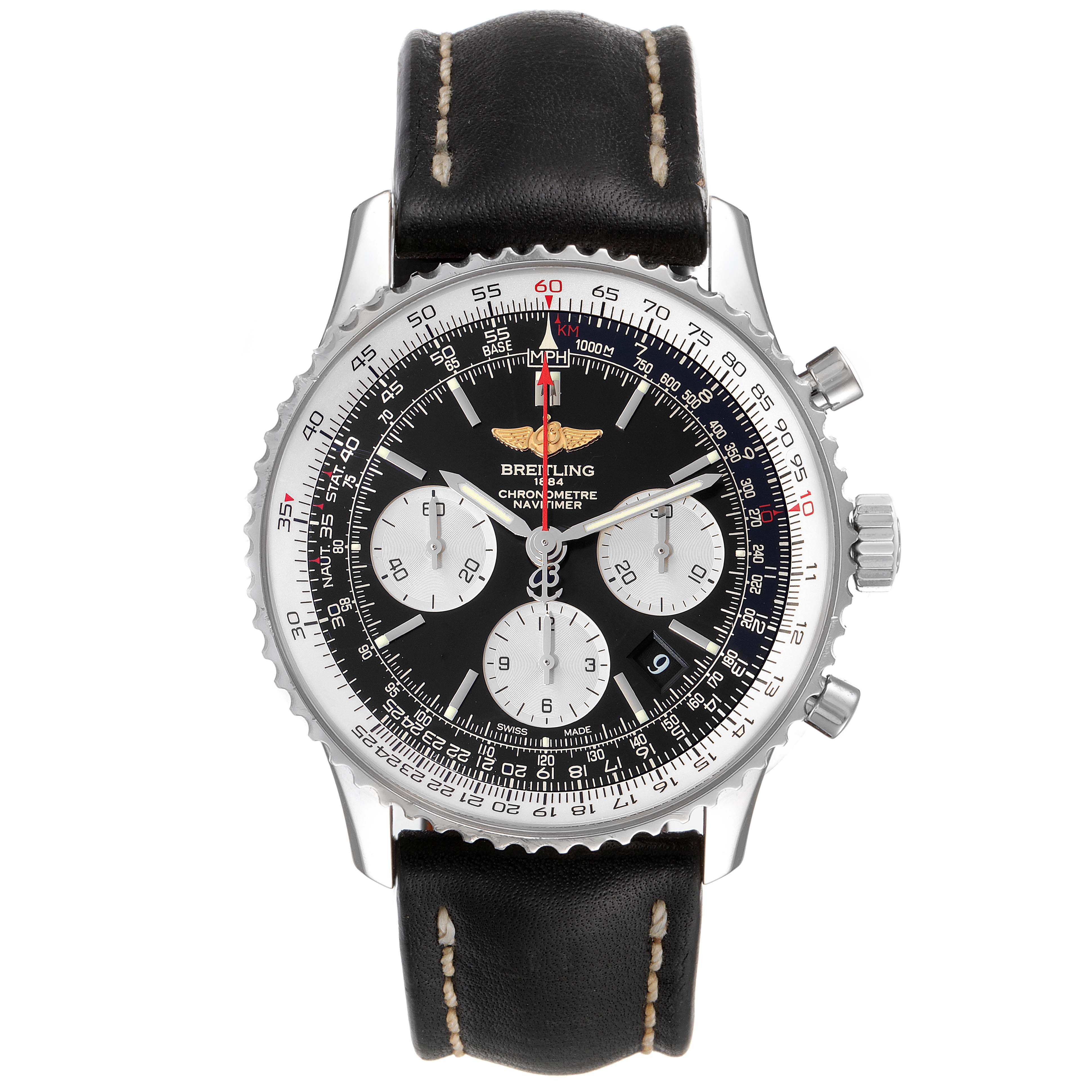 The image shows a front view of a Breitling Navitimer AB0120 Men
s Stainless Steel Black Dial AB0120 Men
s Stainless Steel Black Dial watch, highlighting its dial, bezel, and leather strap.