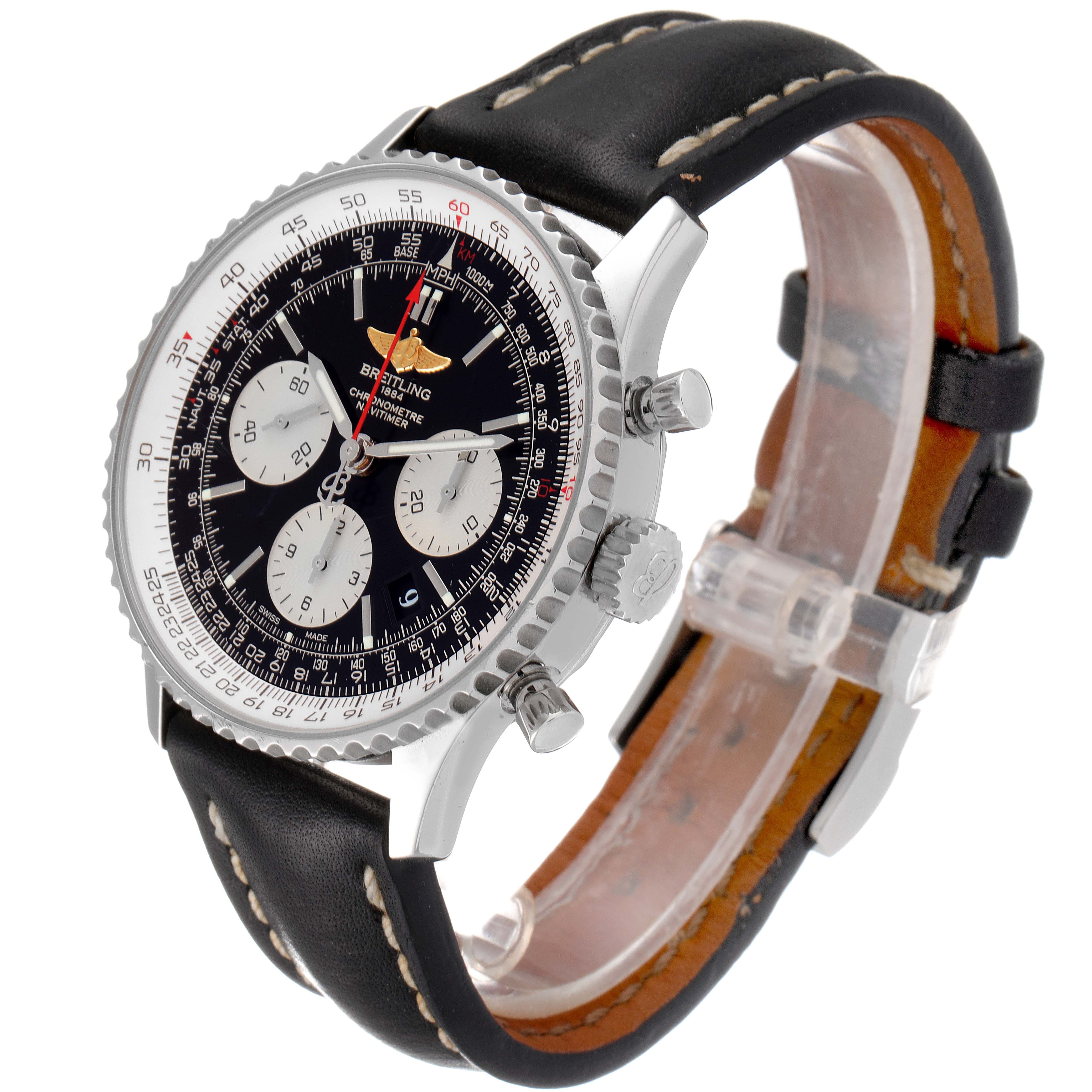 The image shows a Breitling Navitimer AB0120 Men
s Stainless Steel Black Dial AB0120 Men
s Stainless Steel Black Dial watch angled from the front-left, highlighting the dial, bezel, crown, pushers, and leather strap.