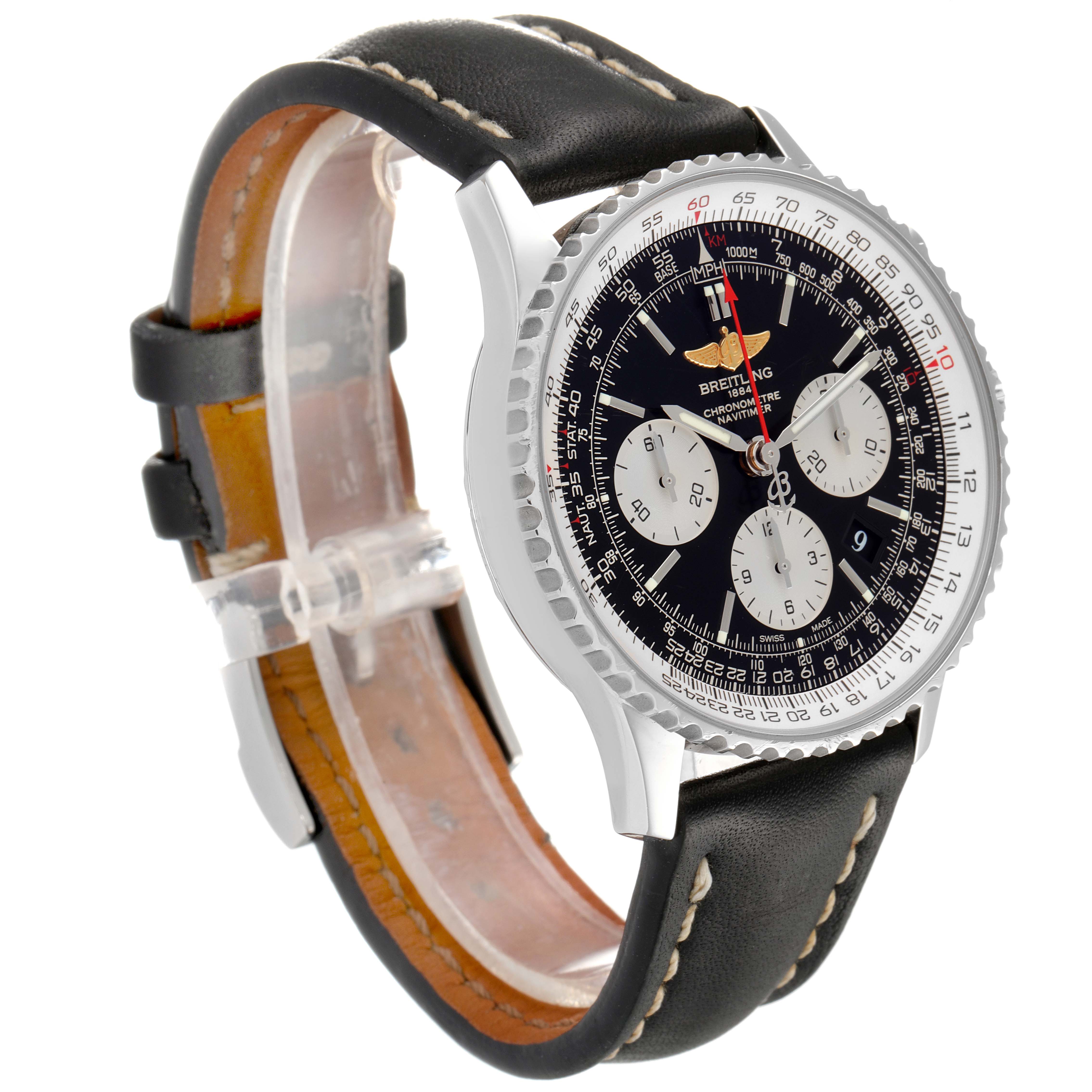 This is a side view of a Breitling Navitimer AB0120 Men
s Stainless Steel Black Dial AB0120 Men
s Stainless Steel Black Dial watch showcasing its face, bezel, and leather strap.